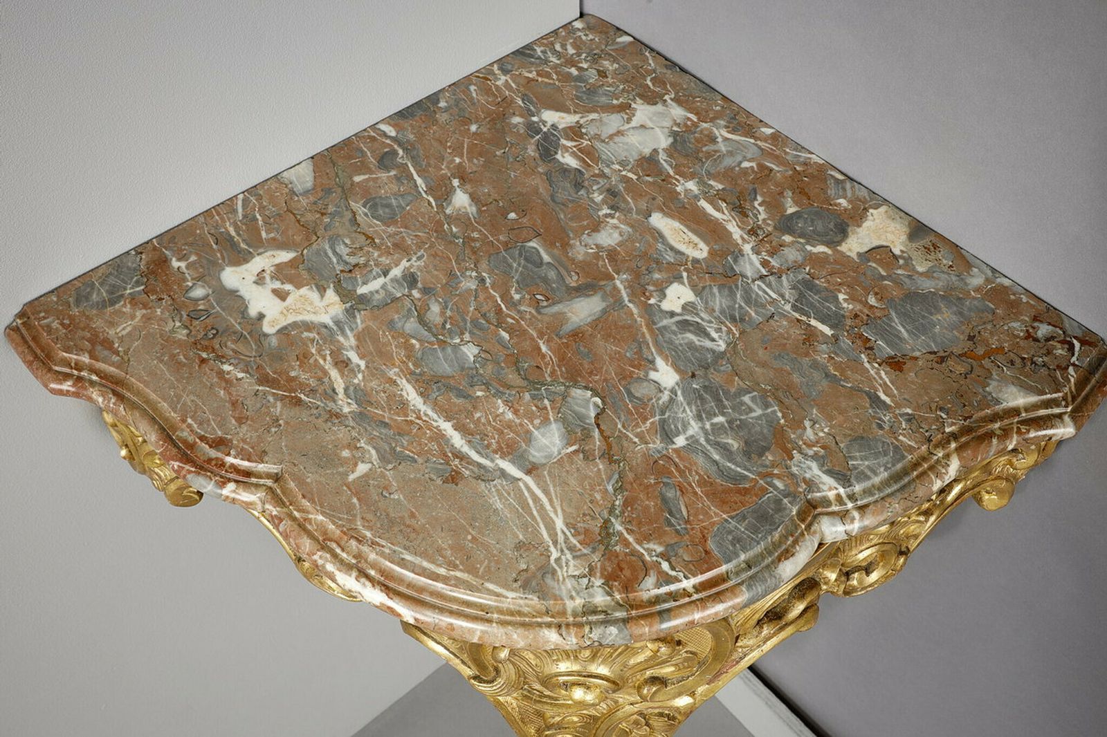 photo for sale Louis XV Style Corner Console In Gilded Wood And Breche Marble Top, 19th Century
