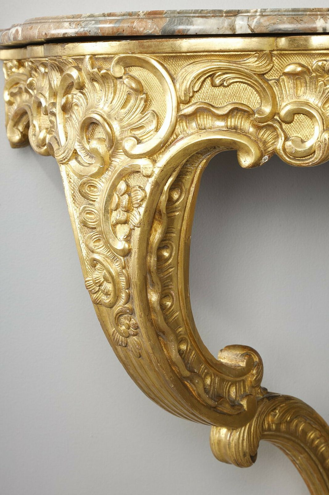 Furniture Louis XV Style Corner Console In Gilded Wood And Breche Marble Top, 19th Century photo