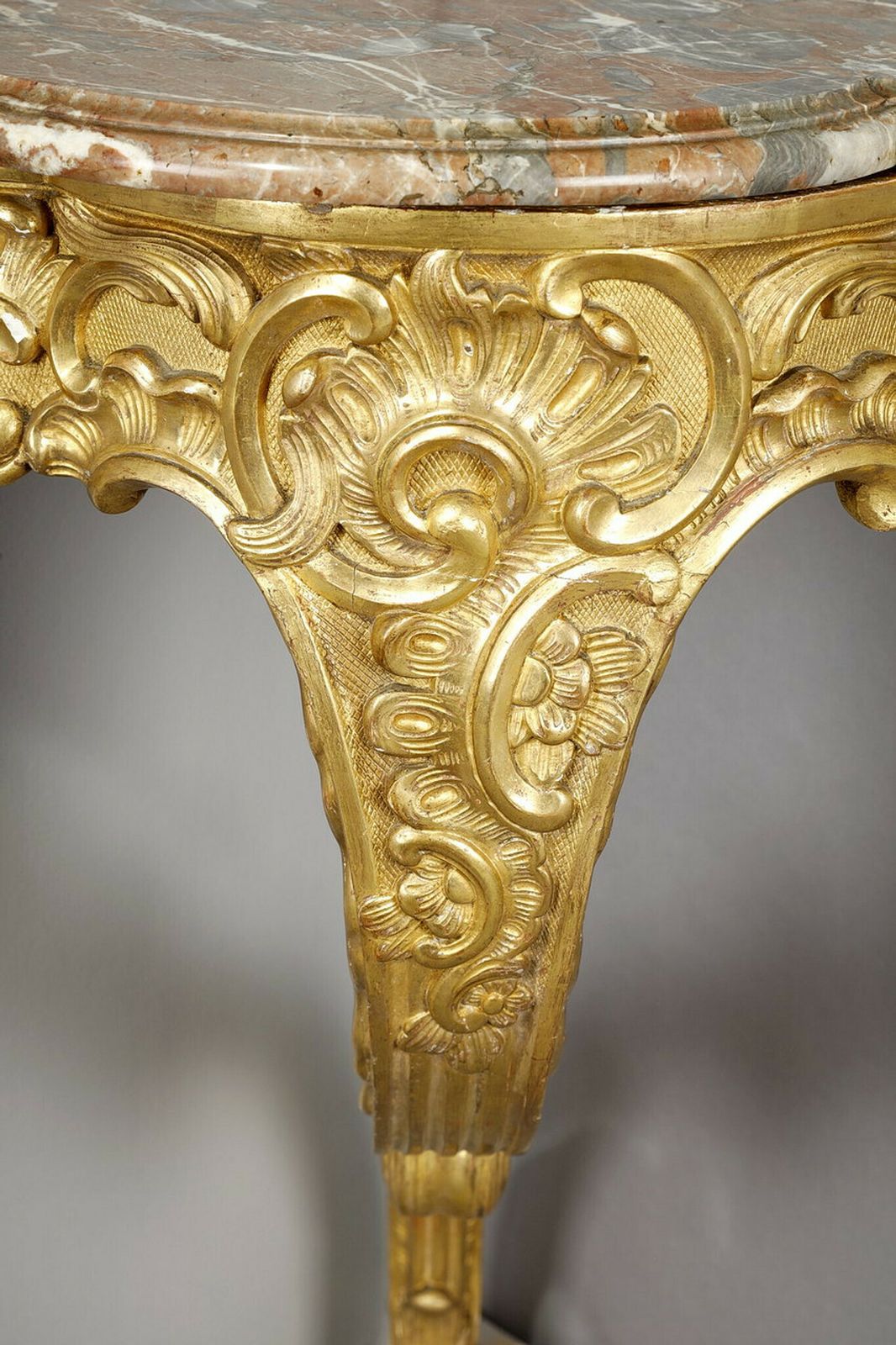 3043.0 Louis XV Style Corner Console In Gilded Wood And Breche Marble Top, 19th Century photo