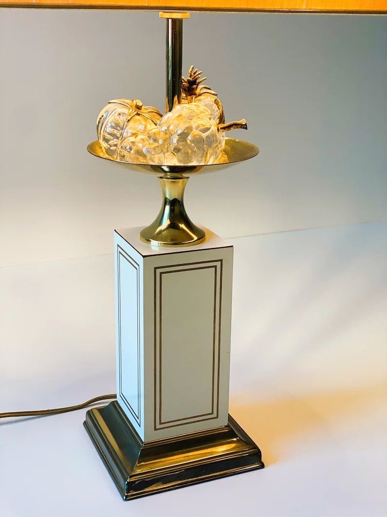 Hollywood Regency Tafellamp Met Kristallen Fruit En Messing Details, Jaren 1970
