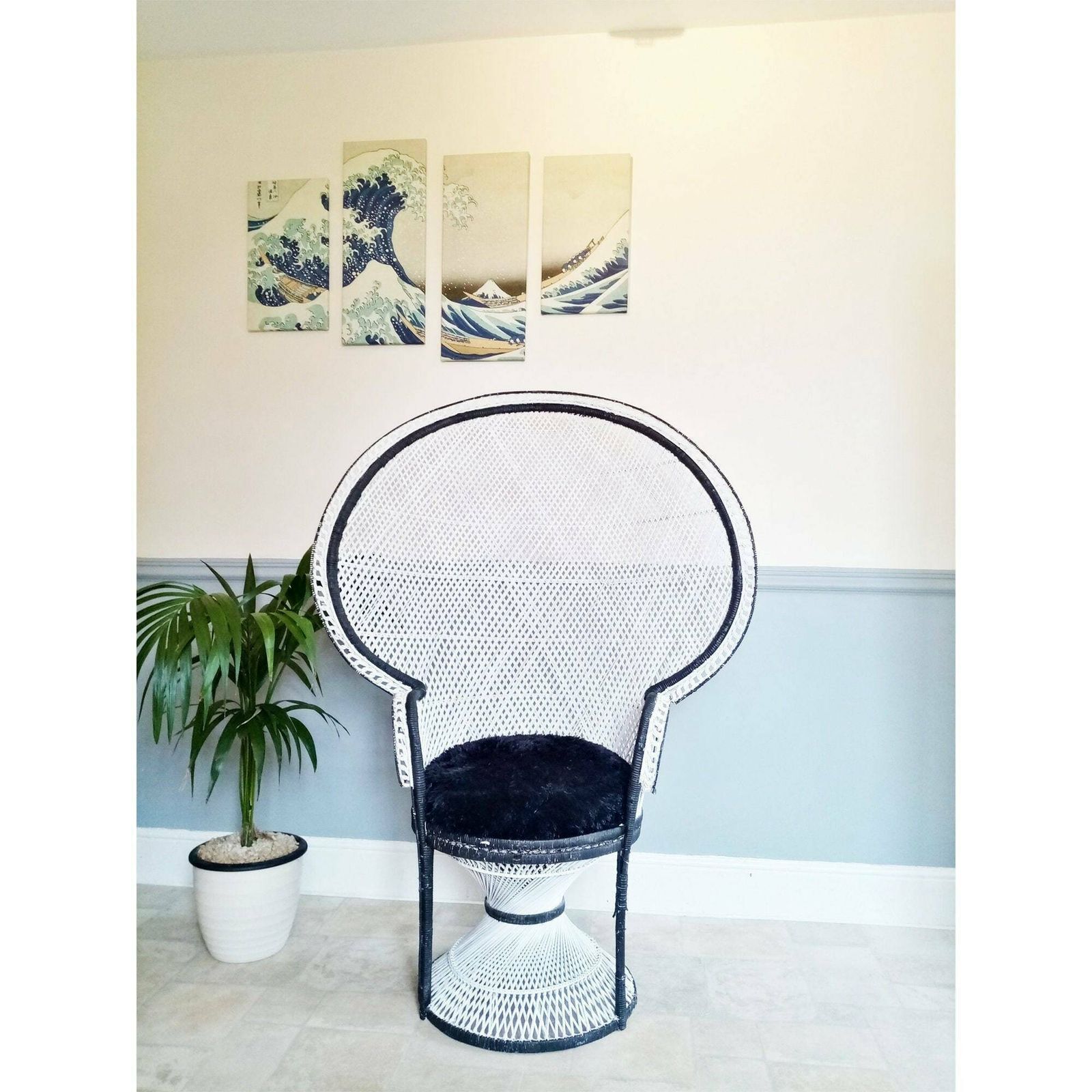 70's X Large Emmanuelle Wicker Peacock Chair   White W/ Black Detail   Wicker Rattan Chair   Boho Chic Retro Cane Chair   Photo / Film Prop photo furniture