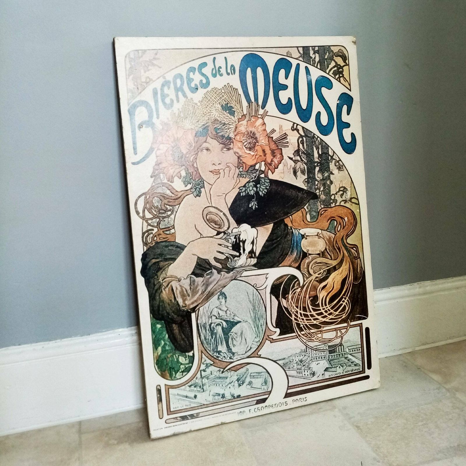 50's Large Vintage Bieres De La Meuse Print On Board   Alphonse Mucha   French Art Nouveau 1897 Fine Art Advertisement   Wall Hanging  29.5" photo furniture