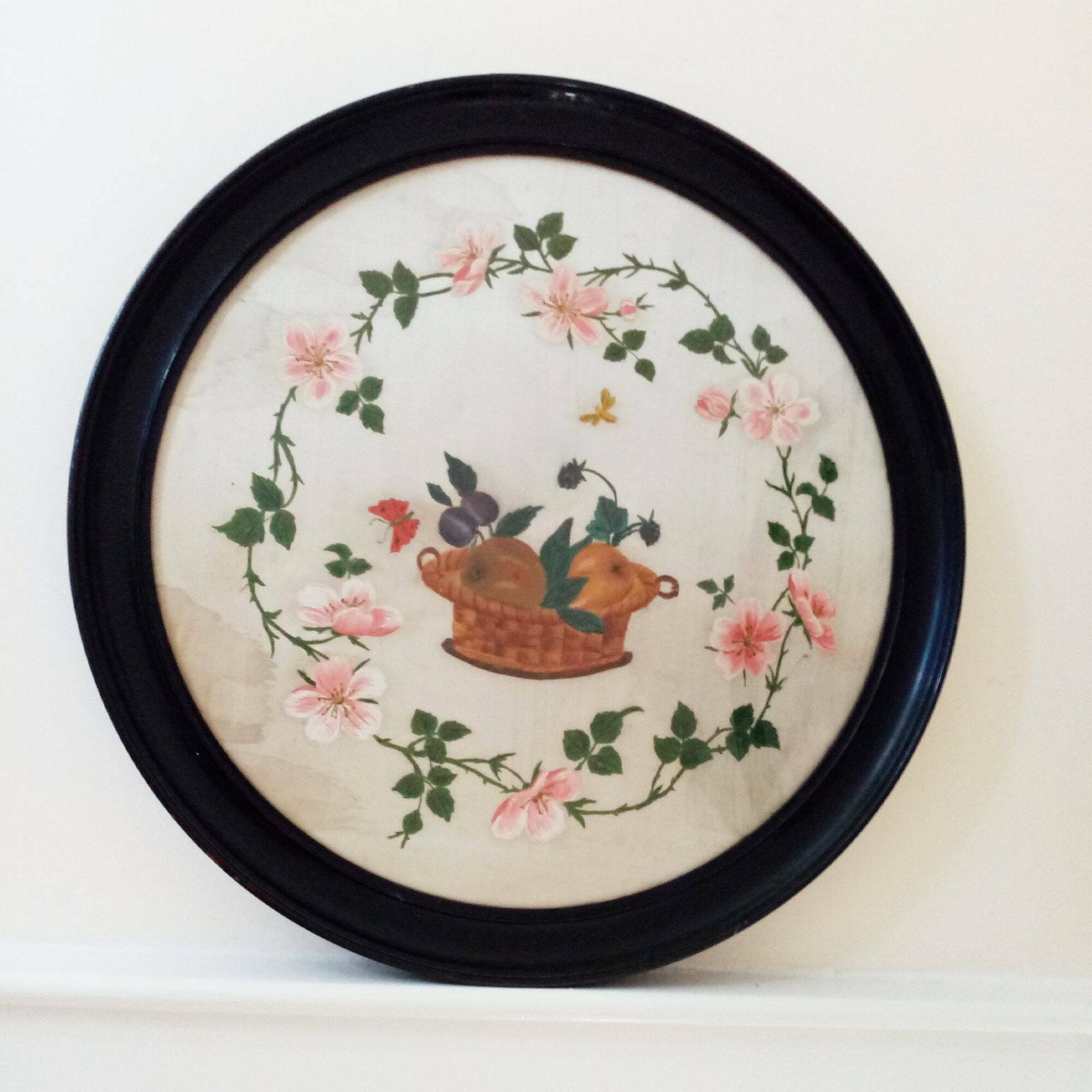 1900s Antique Large Pair Of Paintings On Silk   Baskets Of Fruit Surrounded By Garlands Of Flowers W/ Original Ebonised Wood Frames   20.5" photo furniture