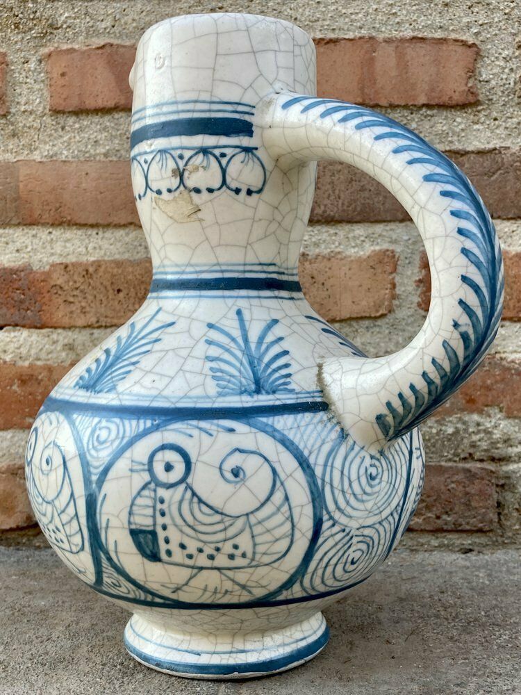 Mid Century Vase In White And Blue Ceramic, 1970s