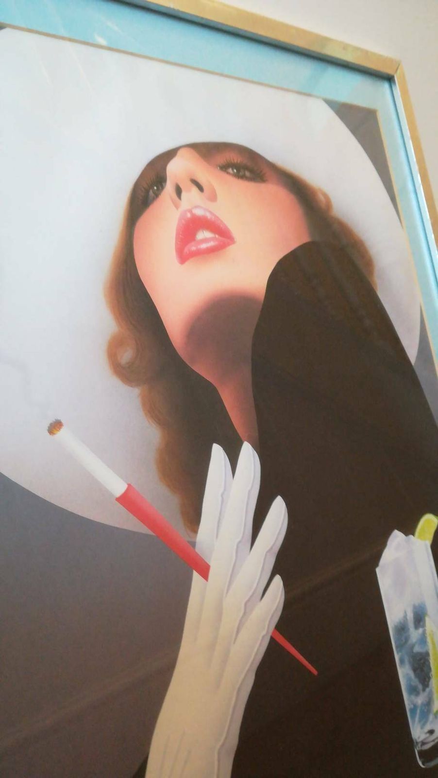 50s Vintage Cocktail Print, Smoking Woman, Auburn Hair, White Wide Brimmed Hat, Black Dress, Art Deco Wall Art, Polished Chrome Framed Print photo for sale