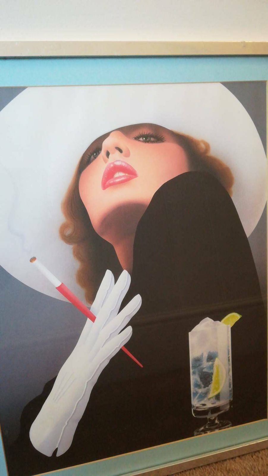 50s Vintage Cocktail Print, Smoking Woman, Auburn Hair, White Wide Brimmed Hat, Black Dress, Art Deco Wall Art, Polished Chrome Framed Print photo Art