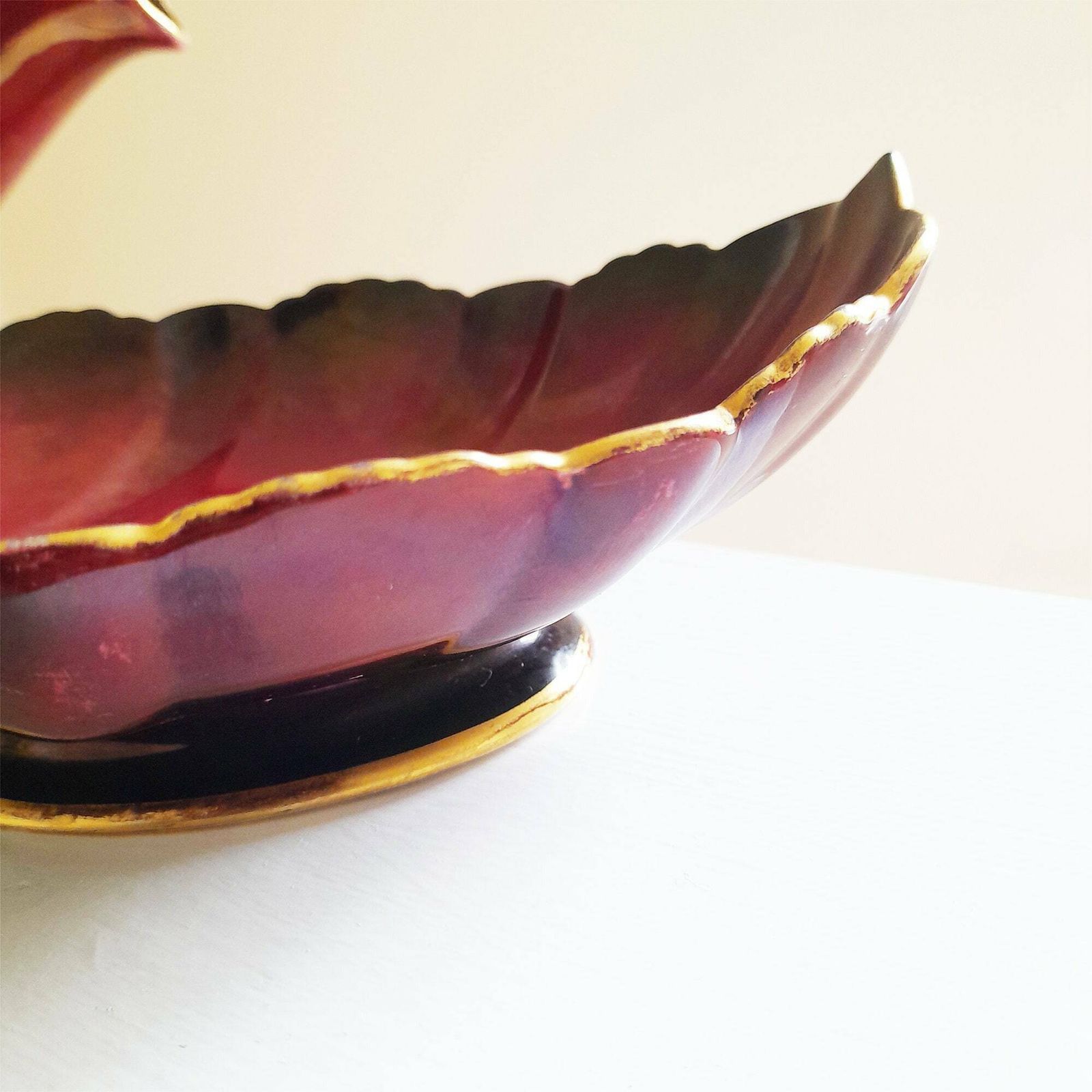 40's Carlton Ware Rouge Royale Duo Of Shell / Leaf Form Bowls   Graduated Rouge Red & Black W/ Gold Gilt   Vintage Collectible Lustre Ware photo vintage