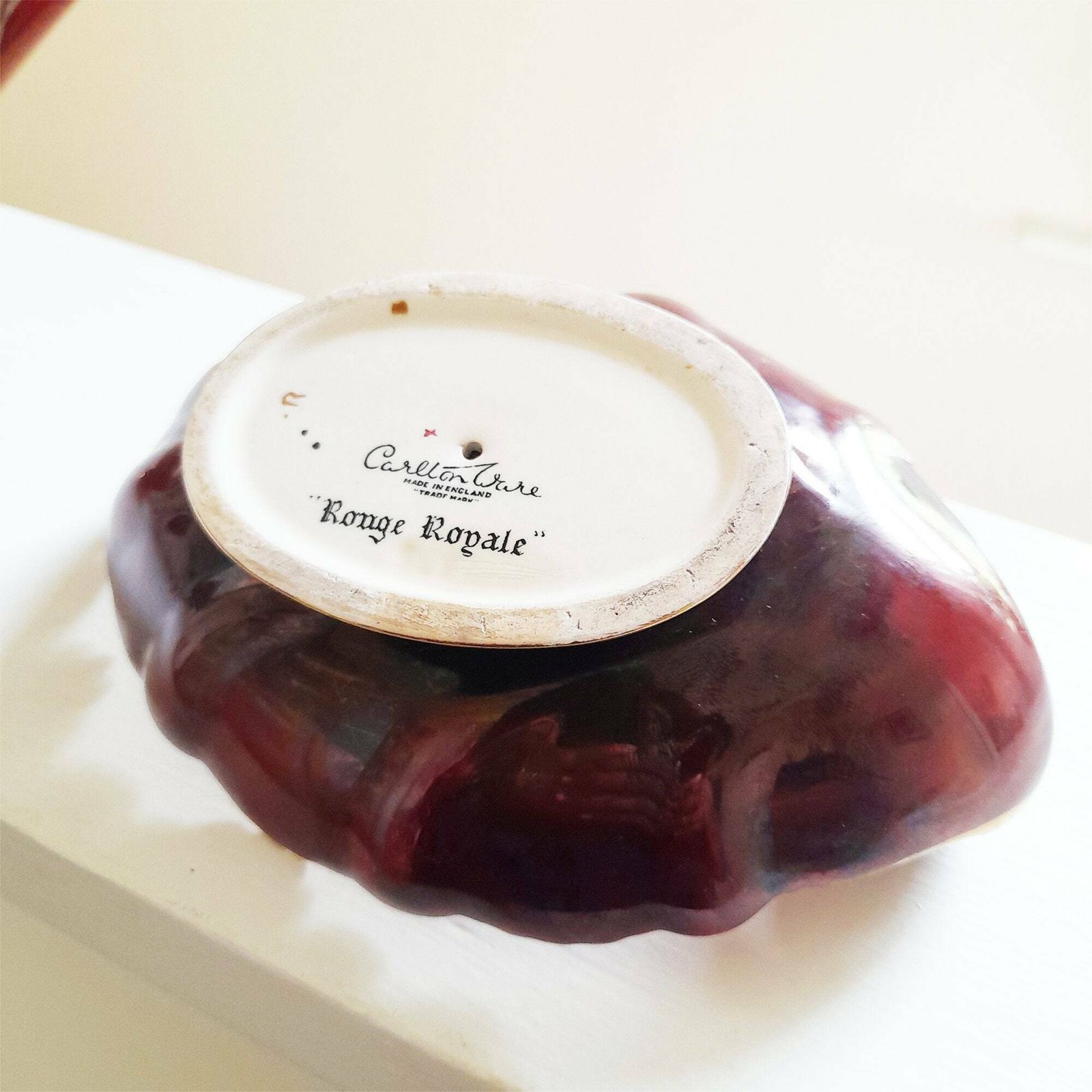 photo for sale 40's Carlton Ware Rouge Royale Duo Of Shell / Leaf Form Bowls   Graduated Rouge Red & Black W/ Gold Gilt   Vintage Collectible Lustre Ware