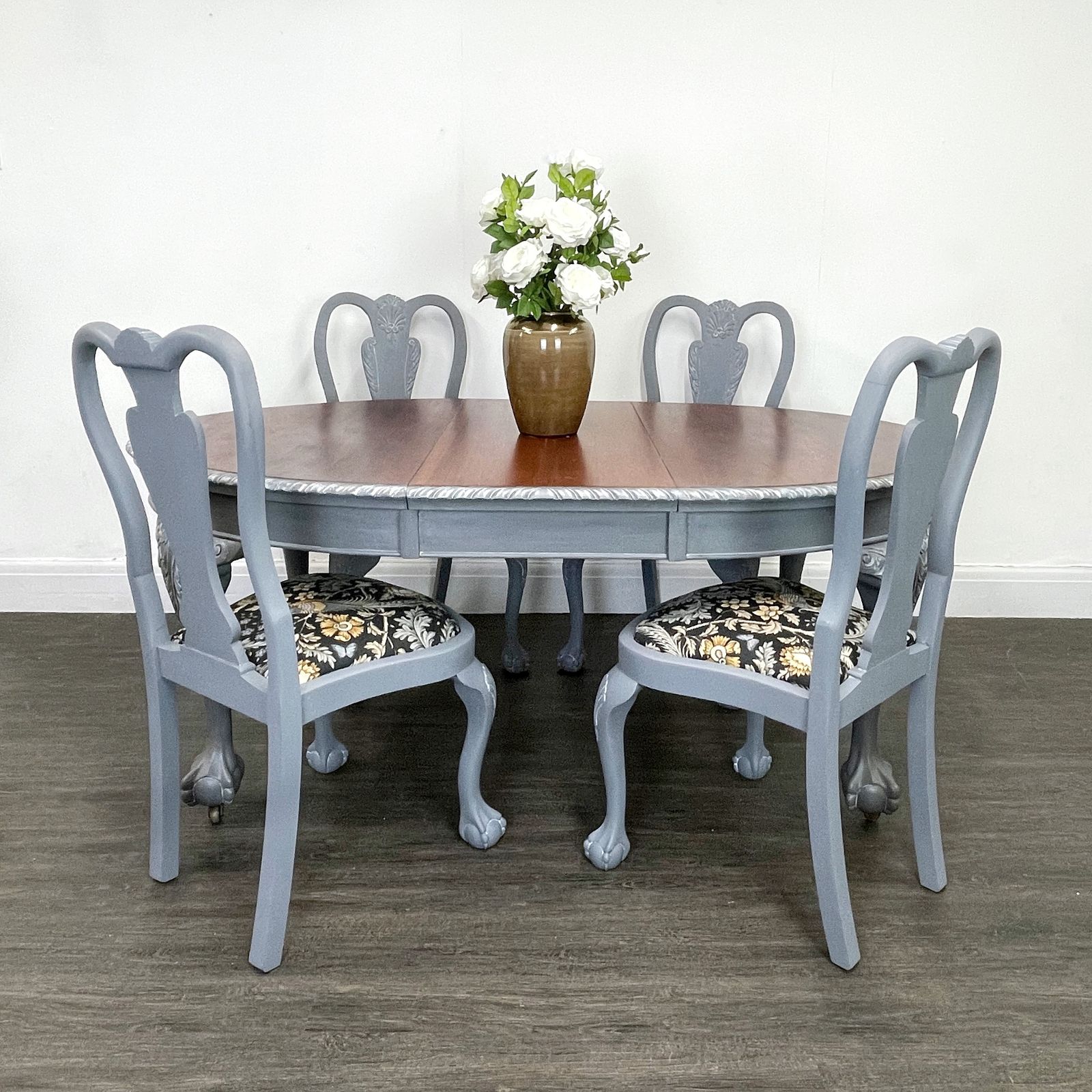 Set Of 4 Grey Queen Anne Style Splat Back Dining Chairs photo vinterior