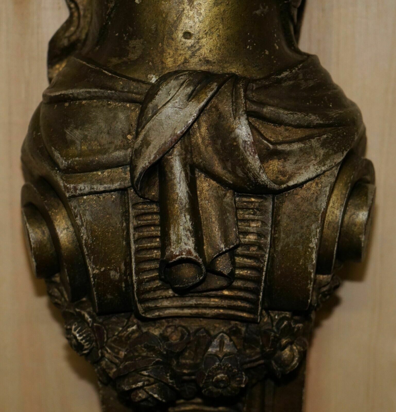 photo for sale Antique Italian Circa 1880 Hand Carved Gold Giltwood Caryatid Herm Statue