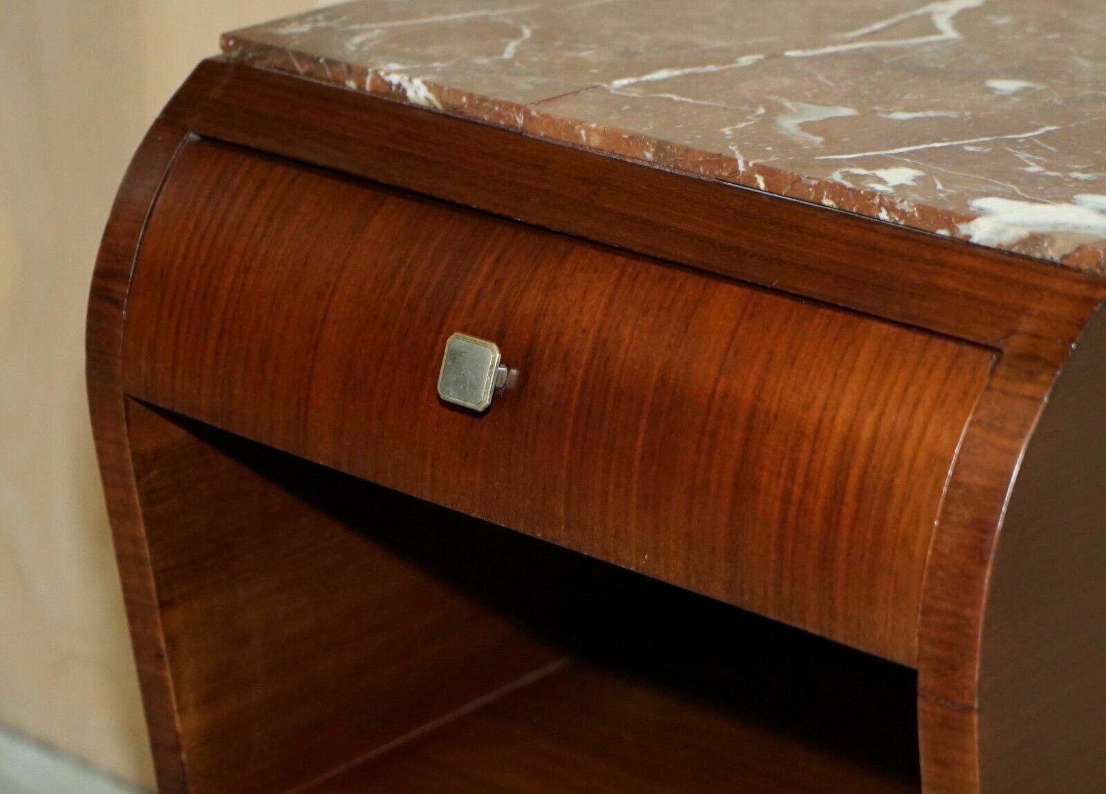 Fine Pair Of Antique French Art Deco Mahogany & Marble Topped Bedside Tables photo 3750.0