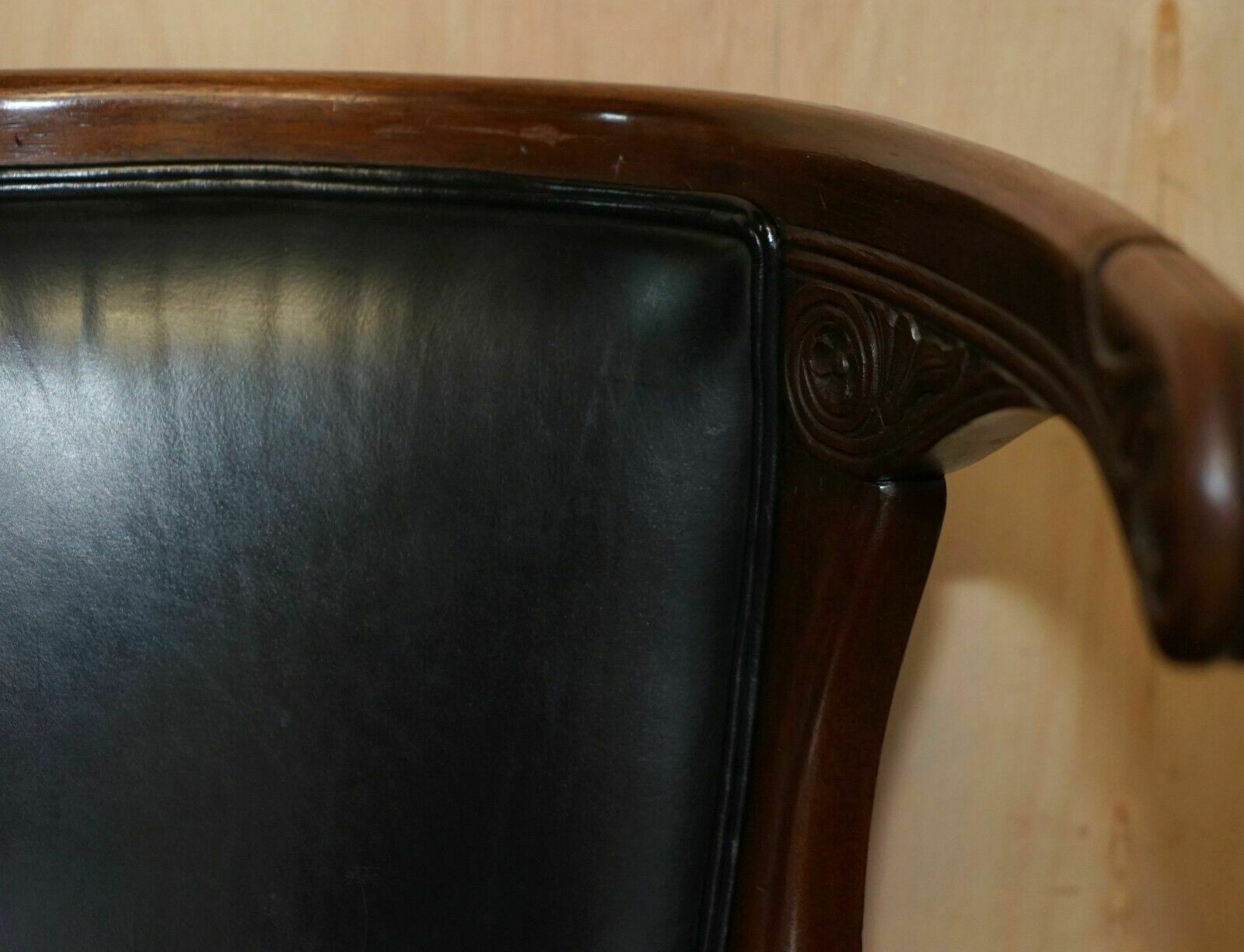 Antique Original Regency 1815 Black Leather Mahogany Horseshoe Office Desk Chair photo vinterior
