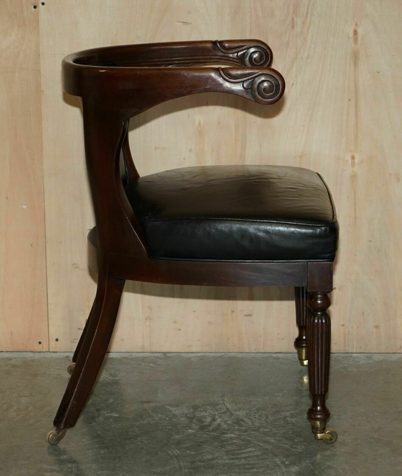3850.0 Antique Original Regency 1815 Black Leather Mahogany Horseshoe Office Desk Chair photo