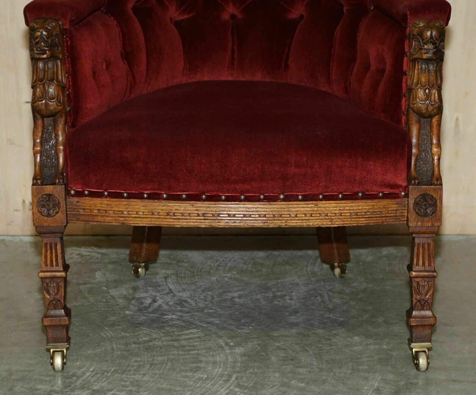 Antique Regency Circa 1810 Oak Carved Armchair With Lions Head Oxblood Velour photo Furniture