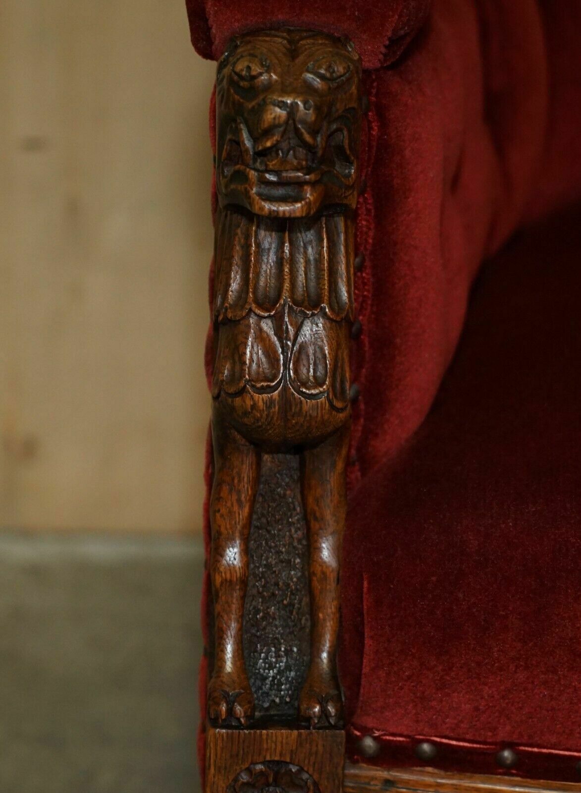 Antique Regency Circa 1810 Oak Carved Armchair With Lions Head Oxblood Velour photo vintage