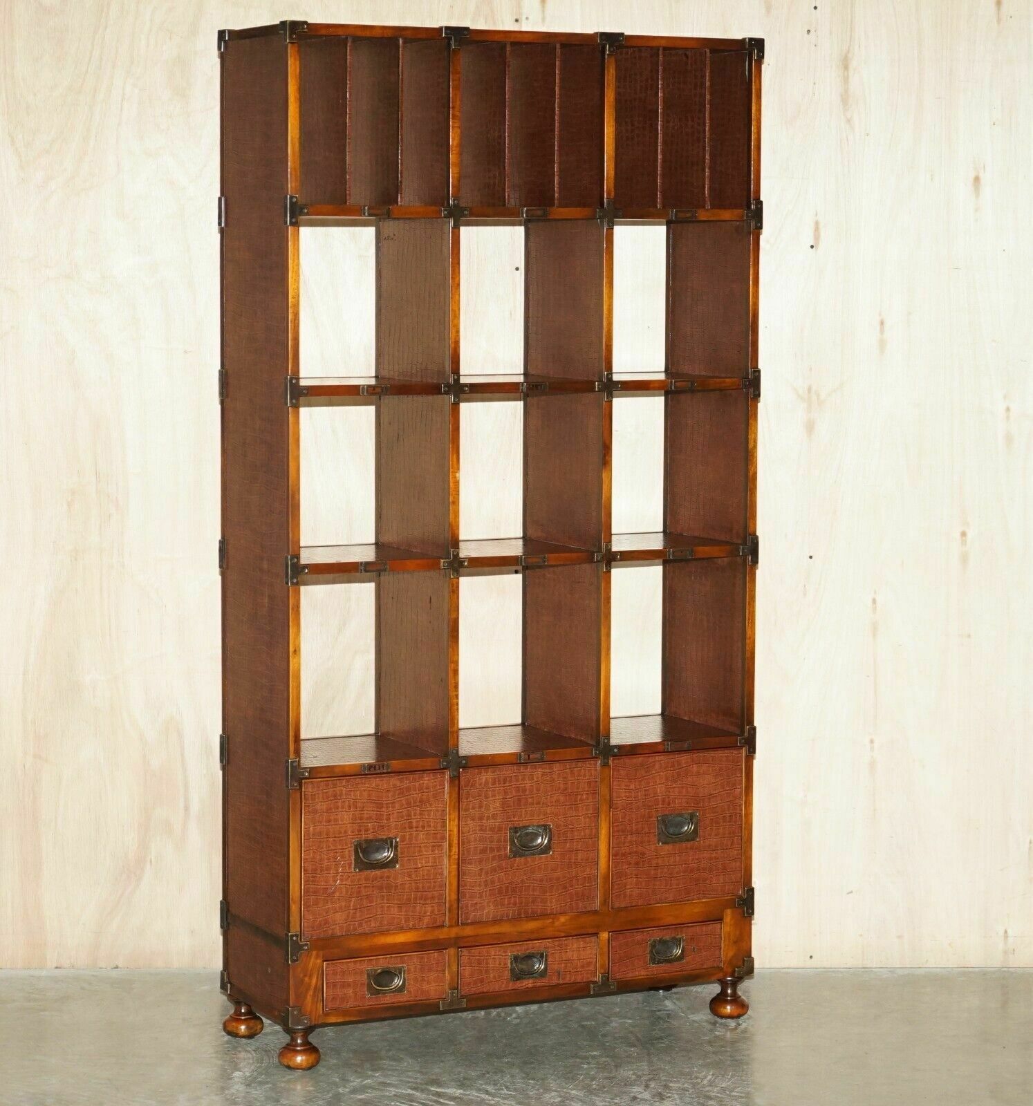 Pair Of Crocodile Leather Open Library Bookcases With Drawers & Record Slots photo furniture