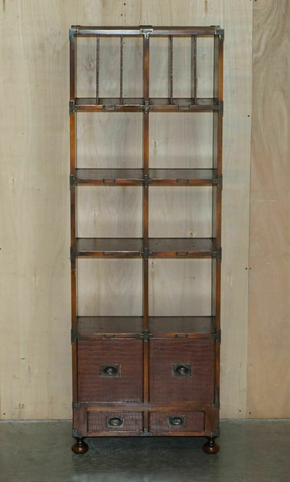 photo buy Pair Of Crocodile Leather Open Library Bookcases With Drawers & Record Slots