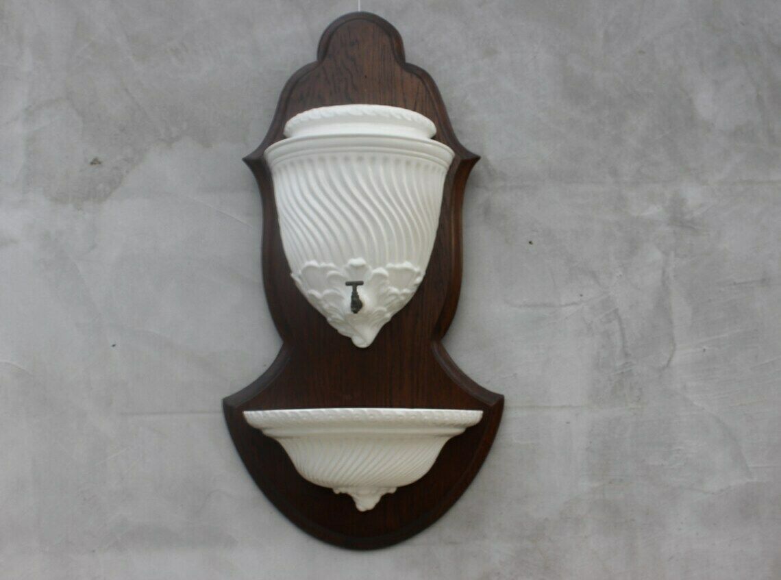 White Faience Wall Fountain  Made In Italy Wall Hanging Garden Accessory Mounted On A Wooden Board