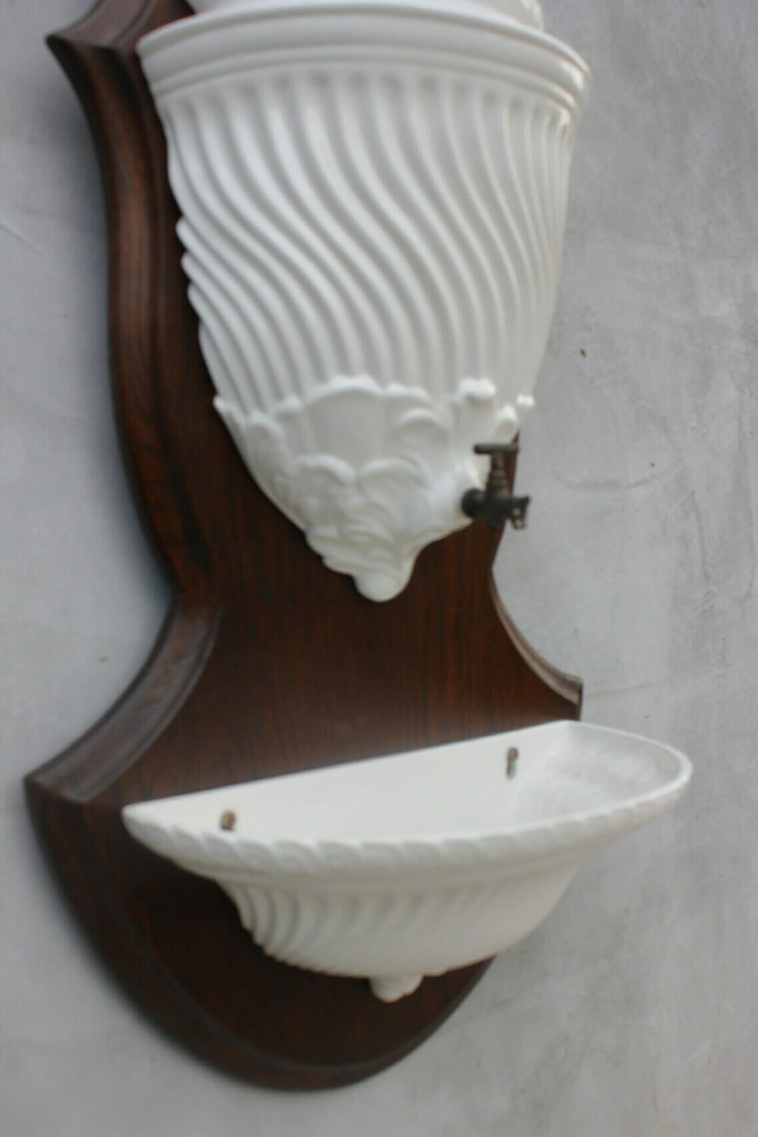 White Faience Wall Fountain  Made In Italy Wall Hanging Garden Accessory Mounted On A Wooden Board photo Garden Decor