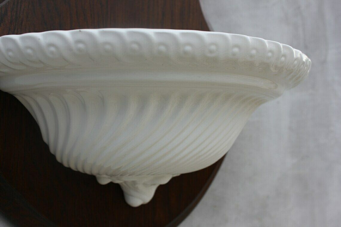 White Faience Wall Fountain  Made In Italy Wall Hanging Garden Accessory Mounted On A Wooden Board photo vinterior