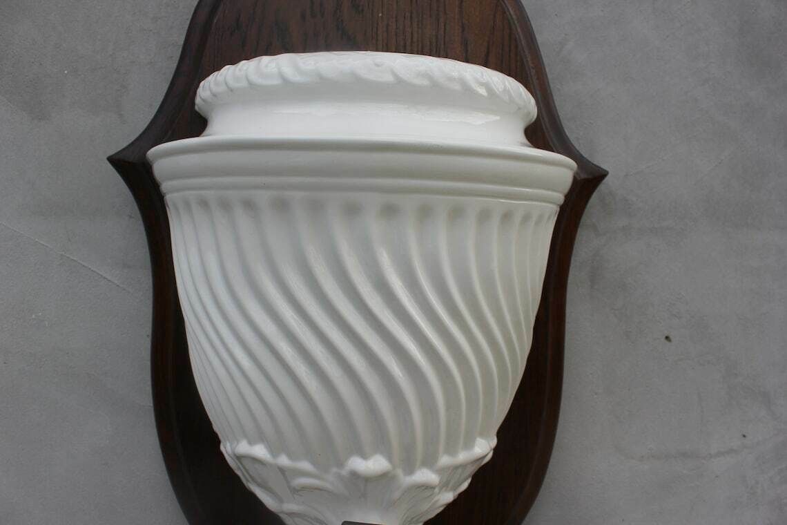 White Faience Wall Fountain  Made In Italy Wall Hanging Garden Accessory Mounted On A Wooden Board photo vintage