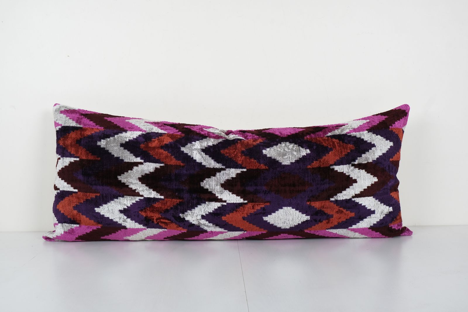 Ikat Velvet Pillow, Silk Lumbar Cushion Cover, Rainbow Animal Lumbar Pillows, Boho Pillow 14'' X 38''