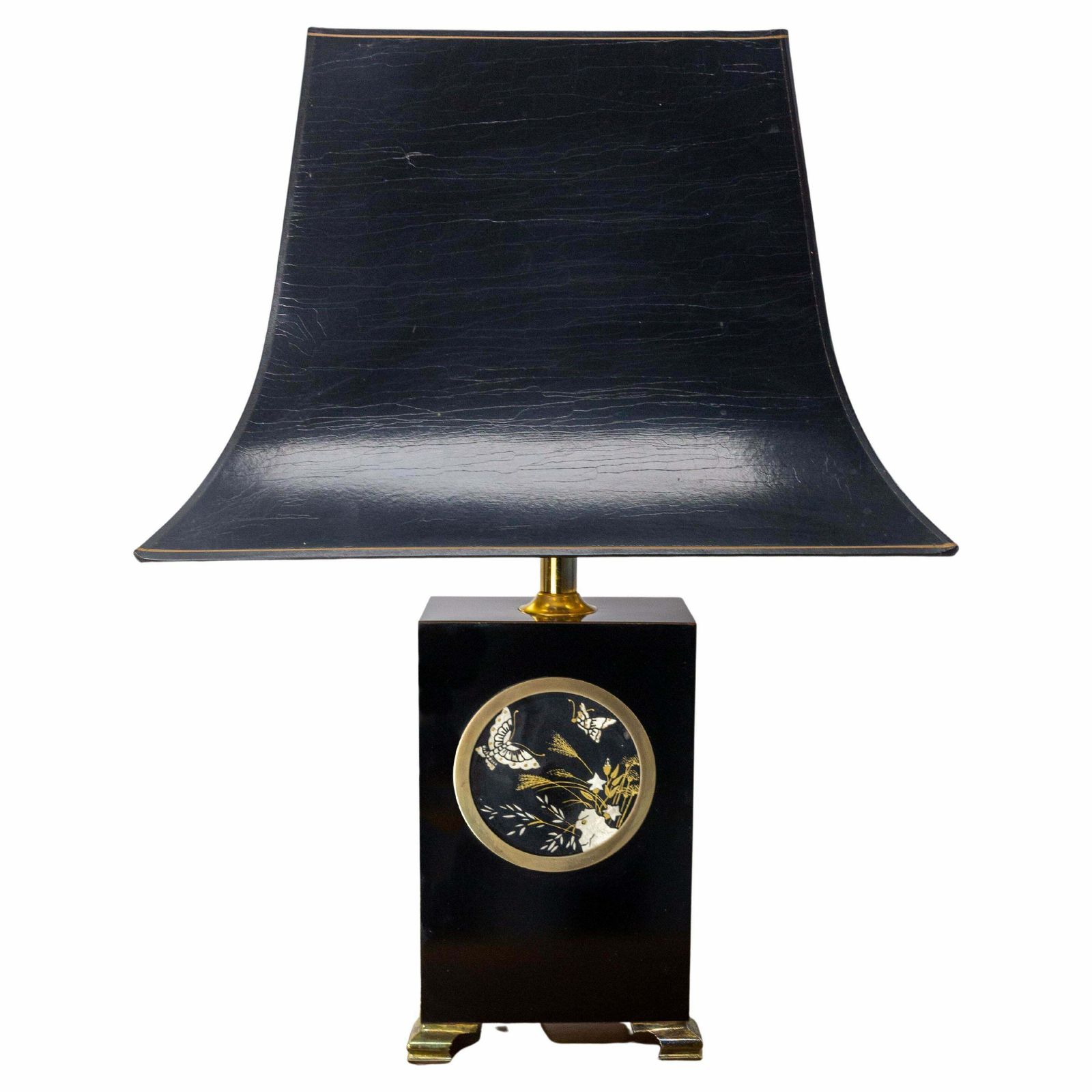 French Mid Century Table Lamp, Black With A Decof Of Butterflies, C. 1970