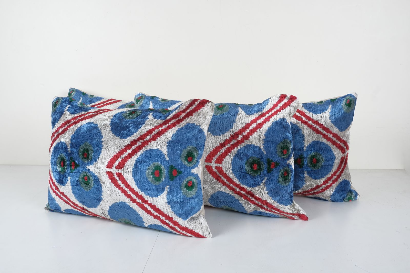 Silk Ikat Eye Velvet Pillow Cover   Triple Handloom Beige And Blue Velvet Lumbar Pillow Cover   Uzbek Cushion Cover 1 photo for sale