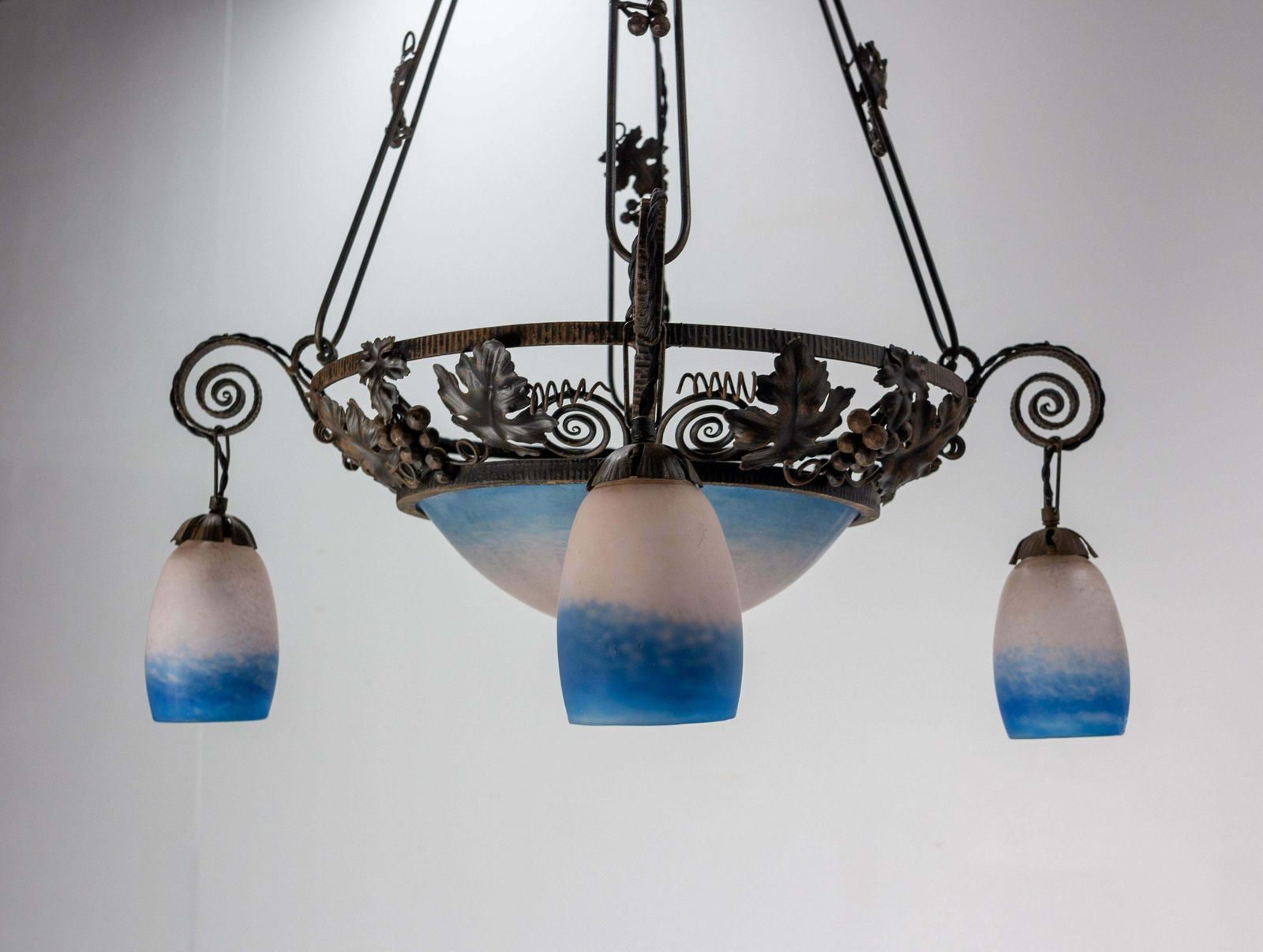 French Art Deco Chandelier Coloured Glass & Wrought Iron Ceiling Pendant, C 1930 photo vintage
