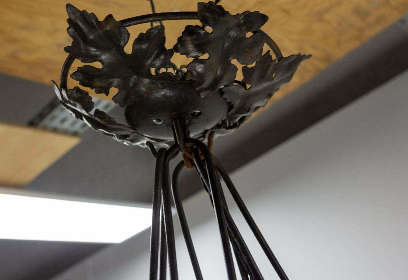 photo for sale French Art Deco Chandelier Coloured Glass & Wrought Iron Ceiling Pendant, C 1930