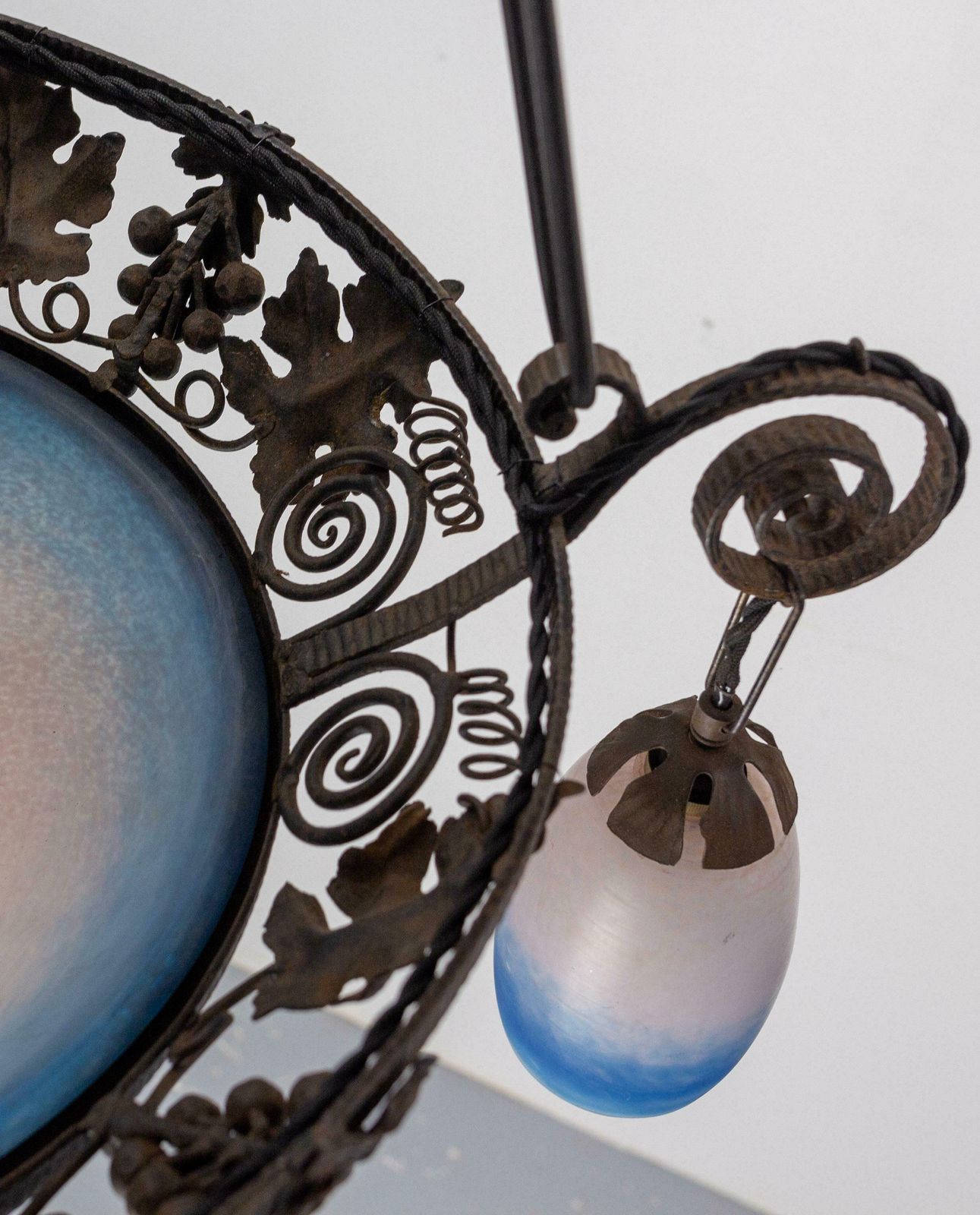 2065.0 French Art Deco Chandelier Coloured Glass & Wrought Iron Ceiling Pendant, C 1930 photo