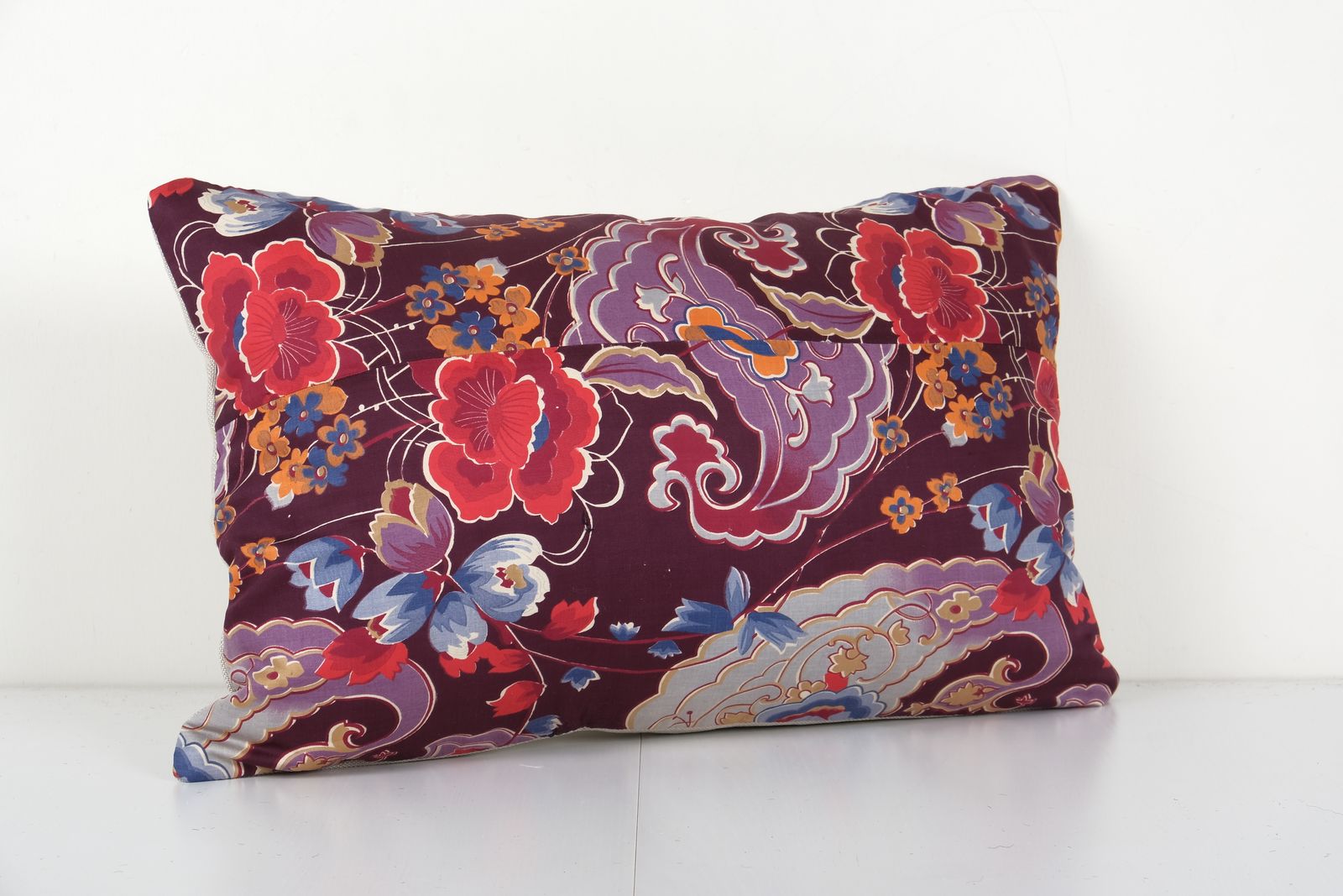Uzbek Colorful Roller Printed Cotton Fabric Panel, Mid 20th Century Tribal Cushion Cover 16'' X 22'' photo furniture