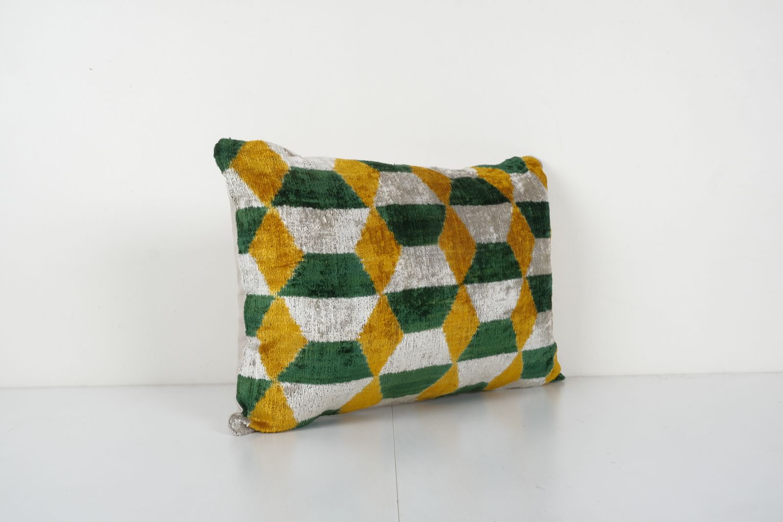 Hand Woven Velvet Ikat Lumbar Pillow Cover, Yellow Designer Cushion, Geometric Pattern Uzbek Couch Pillow 15'' X 22'' photo for sale