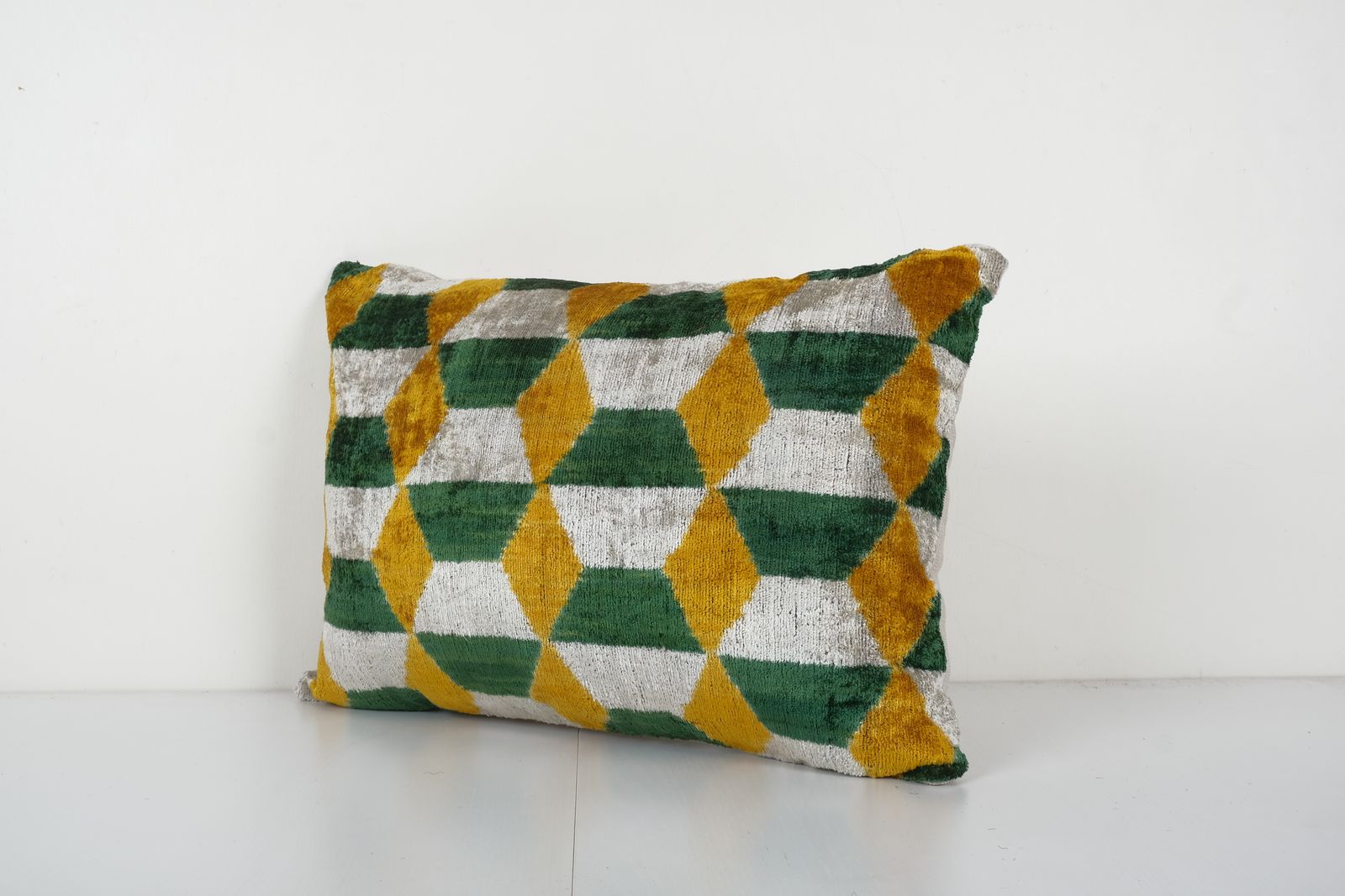 Hand Woven Velvet Ikat Lumbar Pillow Cover, Yellow Designer Cushion, Geometric Pattern Uzbek Couch Pillow 15'' X 22'' photo Textiles