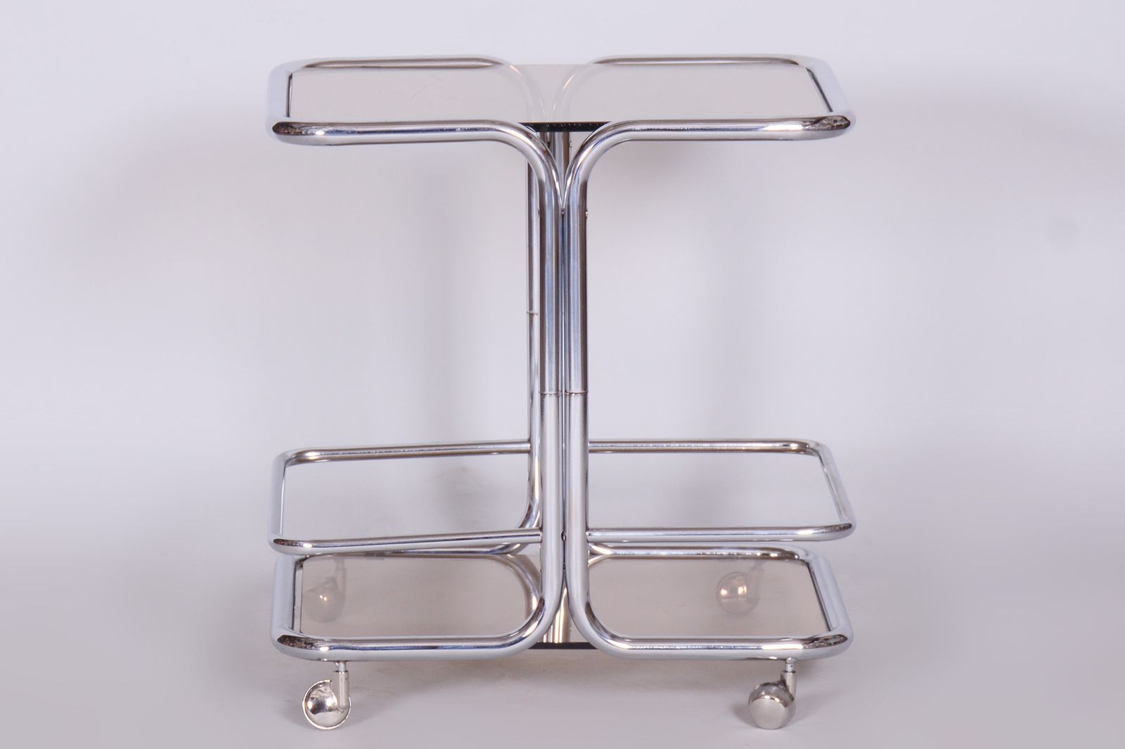 Original Mid Century Chrome Serving Trolley, Smoked Glass, Chrome Plated Steel, 1960s, Czechia photo furniture