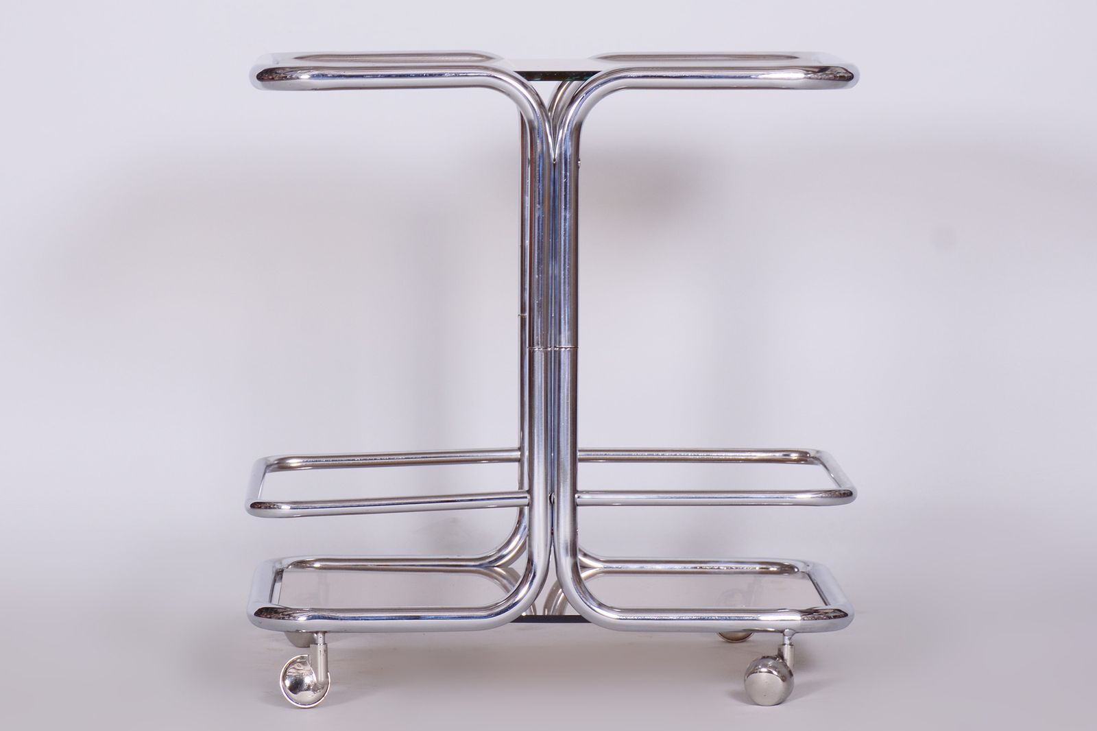 Original Mid Century Chrome Serving Trolley, Smoked Glass, Chrome Plated Steel, 1960s, Czechia photo for sale