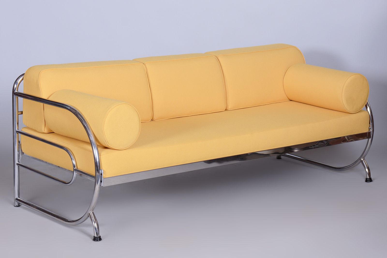 Fully Restored Bauhaus Yellow High Quality Leather Tubular Chrome Sofa, Robert Slezák, Czechia, 1930s