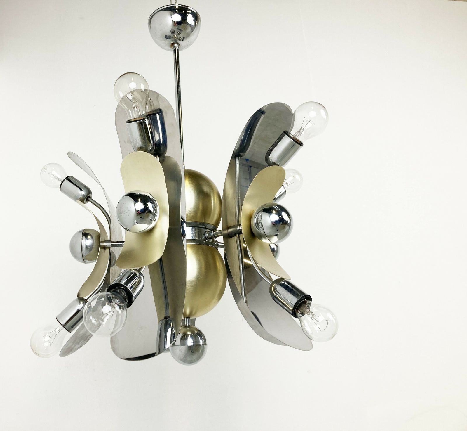 Vintage Italian Chrome And Brass Chandelier, 1970s photo vintage