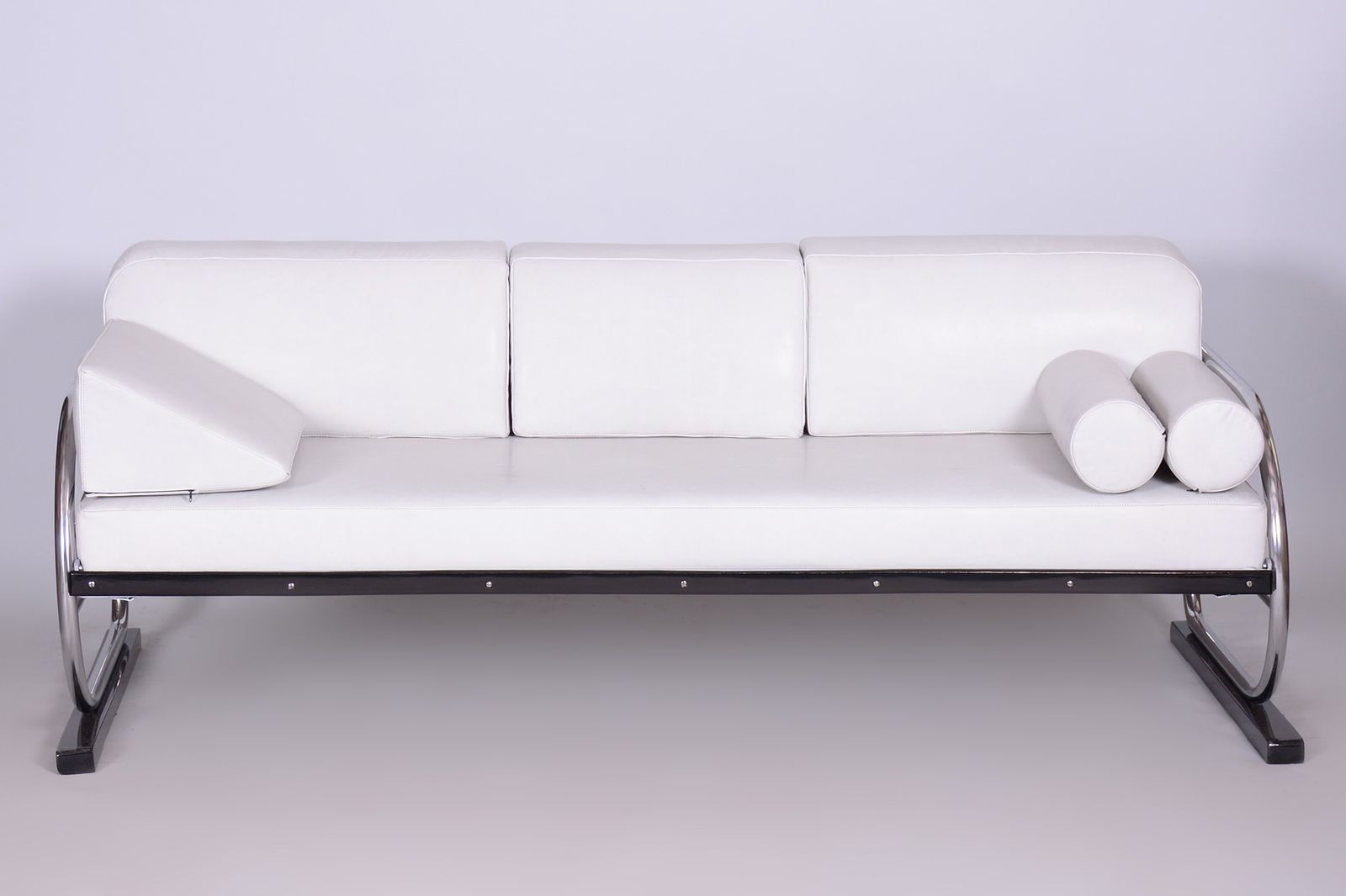 Restored Bauhaus White Leather Tubular Chrome Sofa, Robert Slezák, 1930s photo for sale