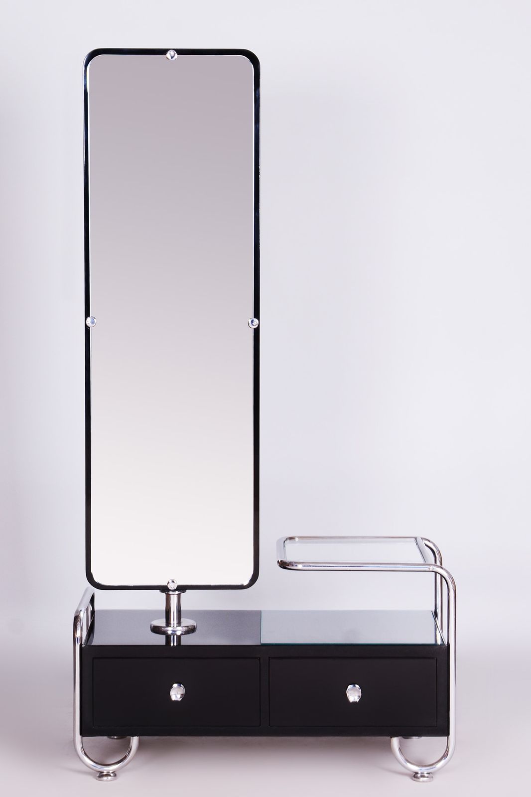 Restored Black Art Deco Dressing Mirror Made By Vichr A Spol, 1930s, Czechia, Chrome Plated Steel, Lacquered Wood photo Furniture