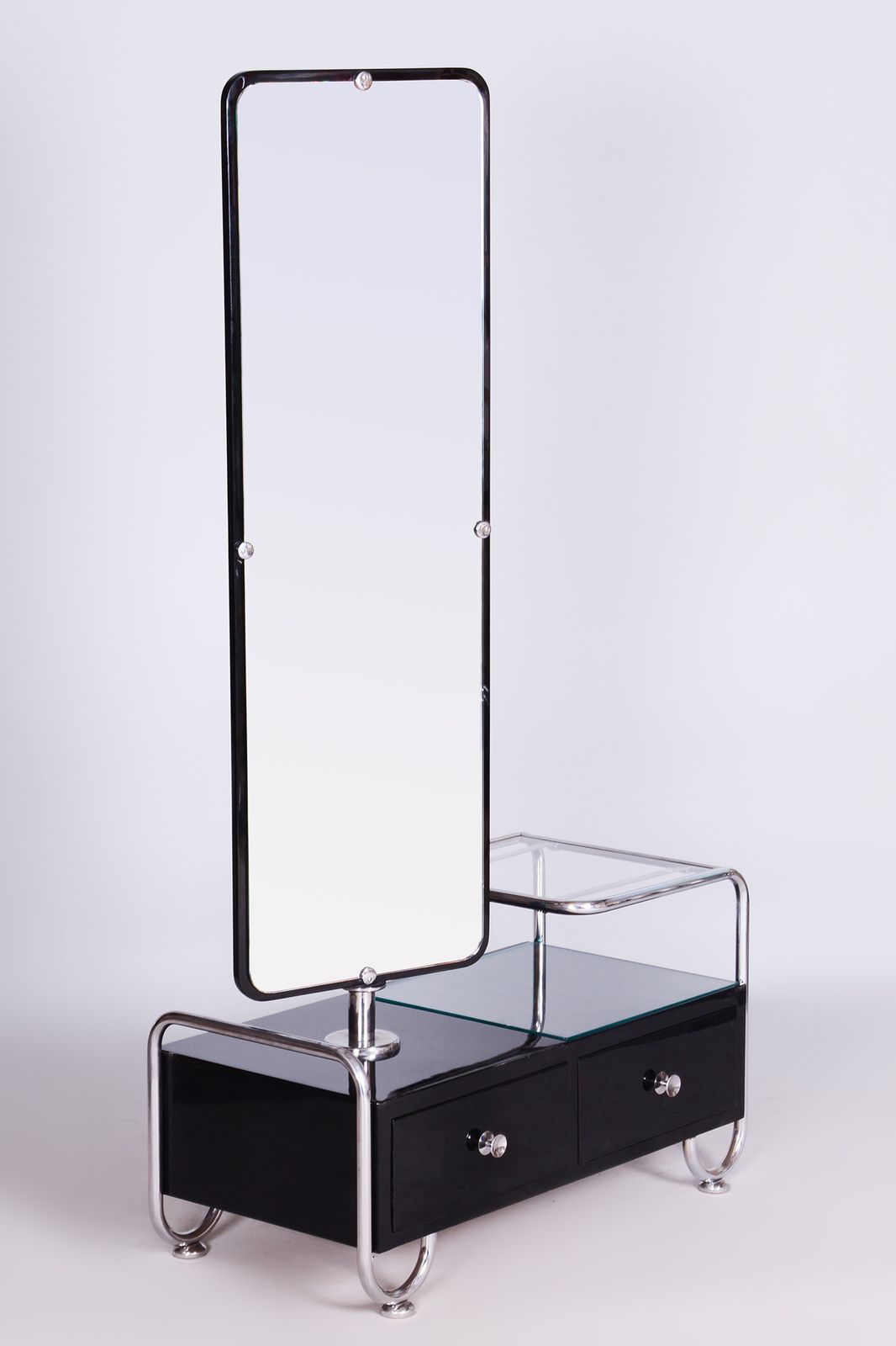photo for sale Restored Black Art Deco Dressing Mirror Made By Vichr A Spol, 1930s, Czechia, Chrome Plated Steel, Lacquered Wood