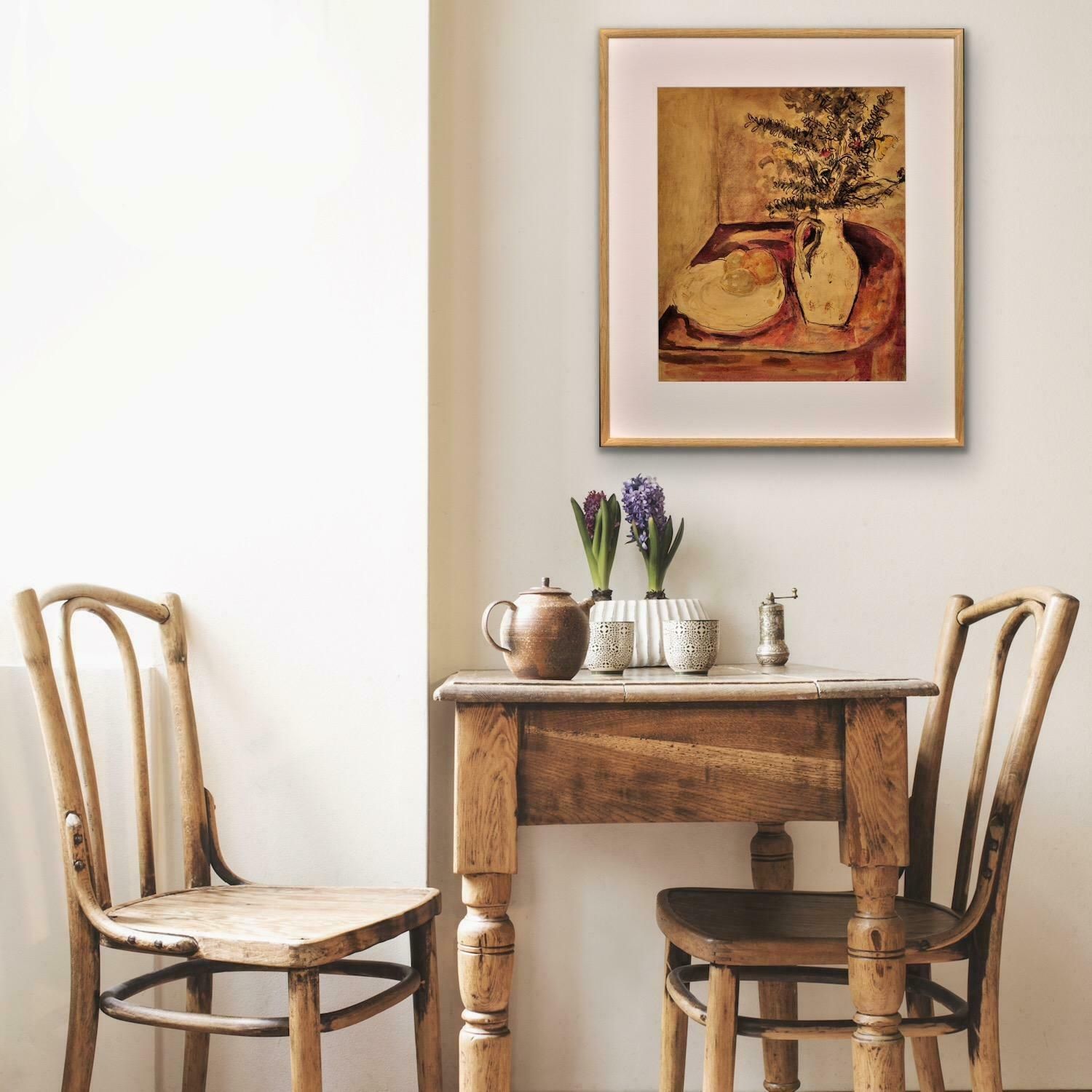 Art James Tower 1919 To 1988. English. Still Life Of Flowers In A Jug And A Plate Of Fruit. Framed Wartime Watercolour By A Renowned Ceramics Artist. photo