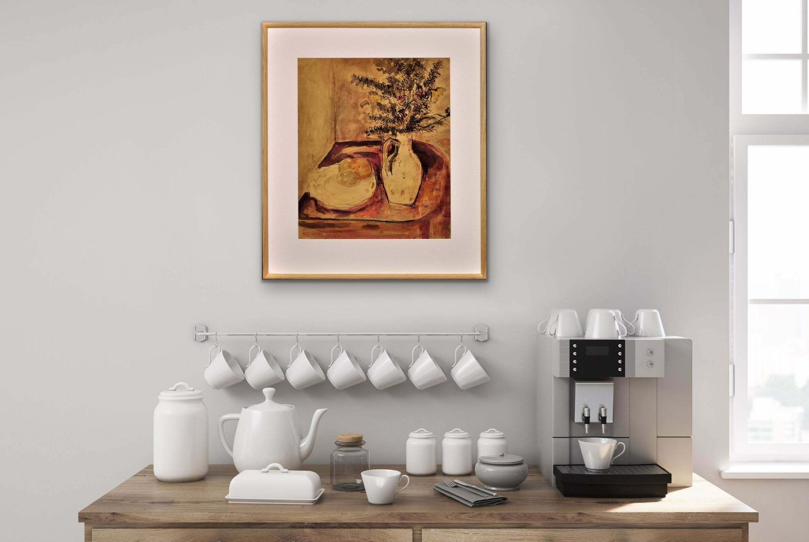 2935.0 James Tower 1919 To 1988. English. Still Life Of Flowers In A Jug And A Plate Of Fruit. Framed Wartime Watercolour By A Renowned Ceramics Artist. photo
