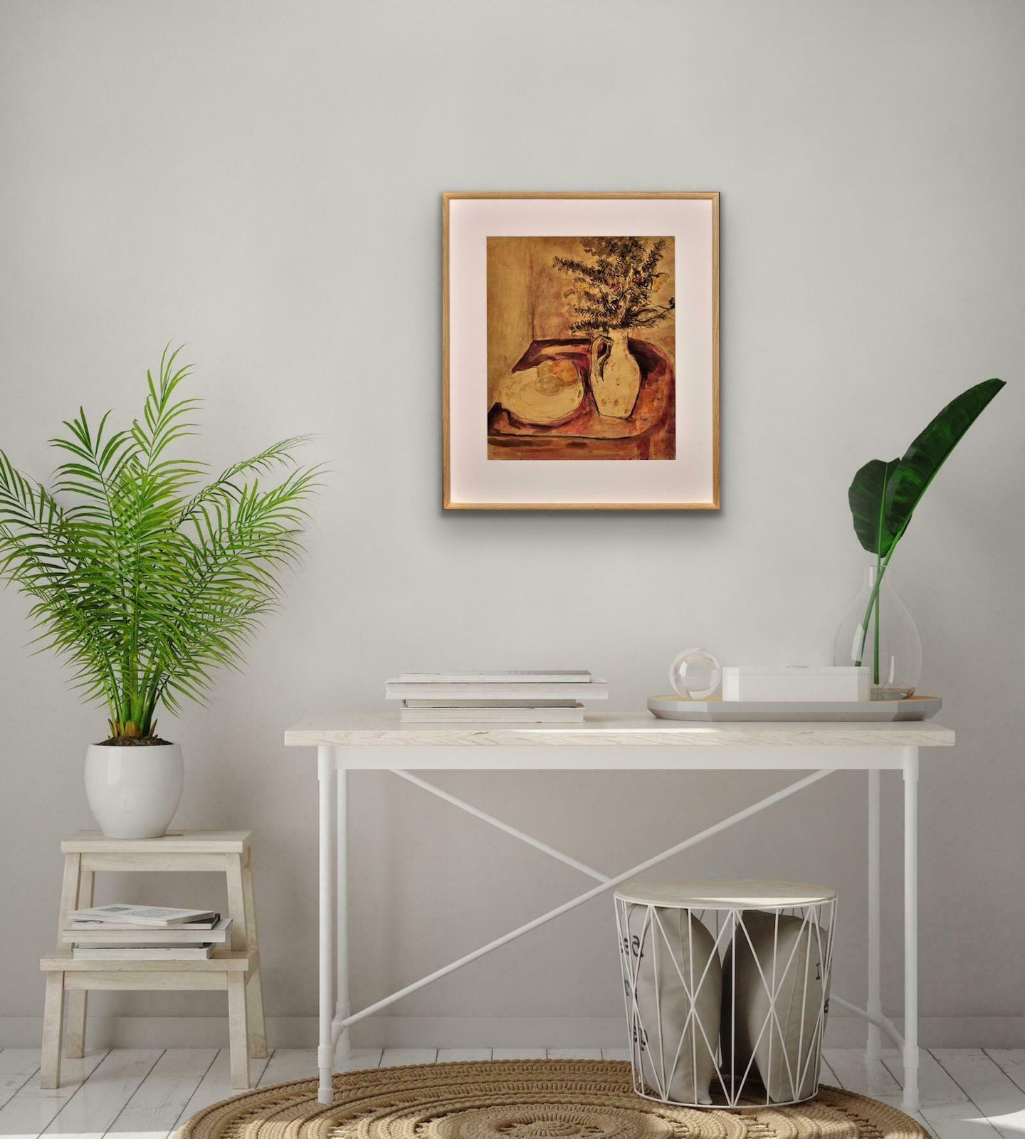 photo buy James Tower 1919 To 1988. English. Still Life Of Flowers In A Jug And A Plate Of Fruit. Framed Wartime Watercolour By A Renowned Ceramics Artist.