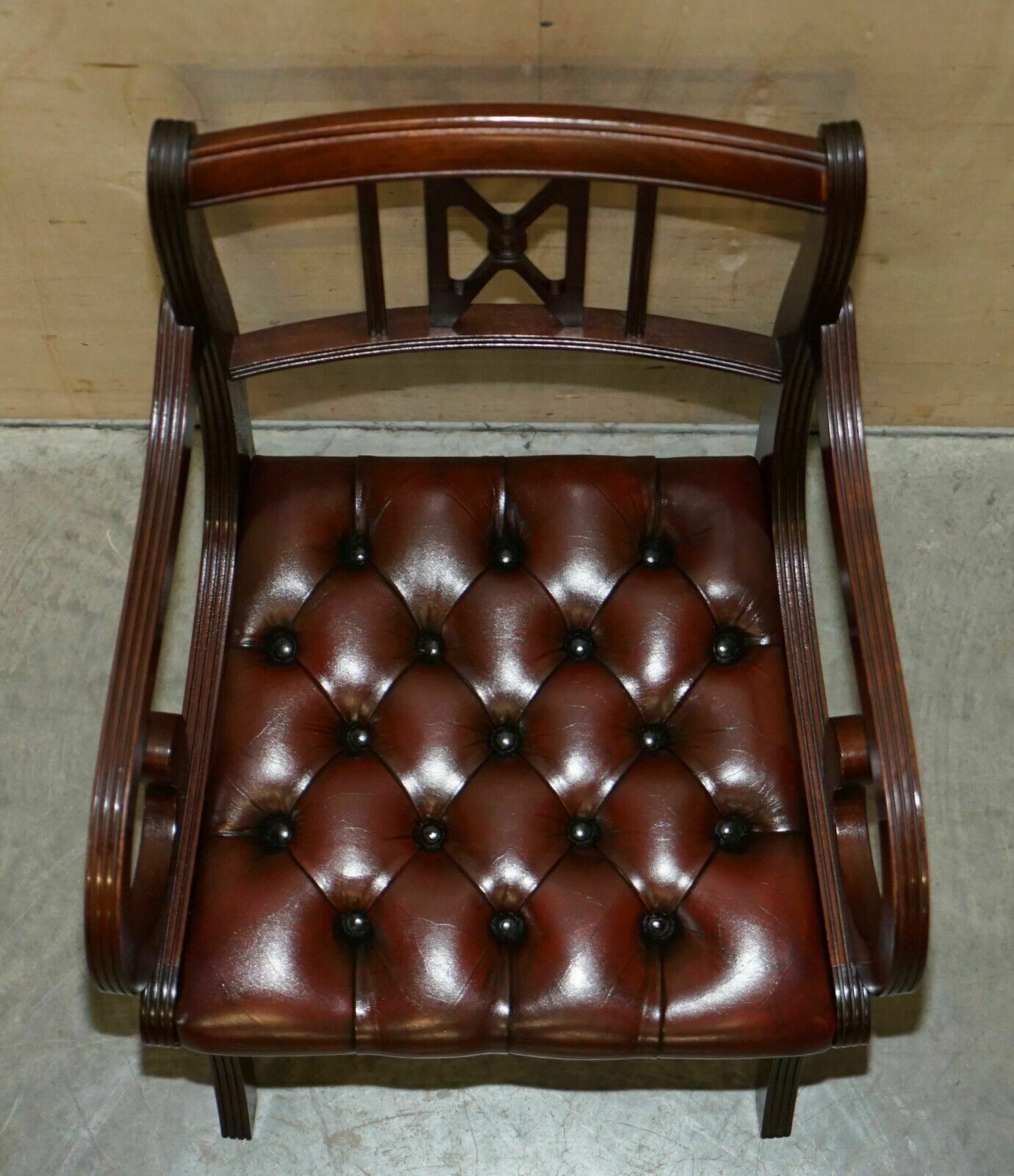 photo furniture Six Vintage Restored Hand Dyed Brown Leather Chesterfield Tufted Dining Chairs