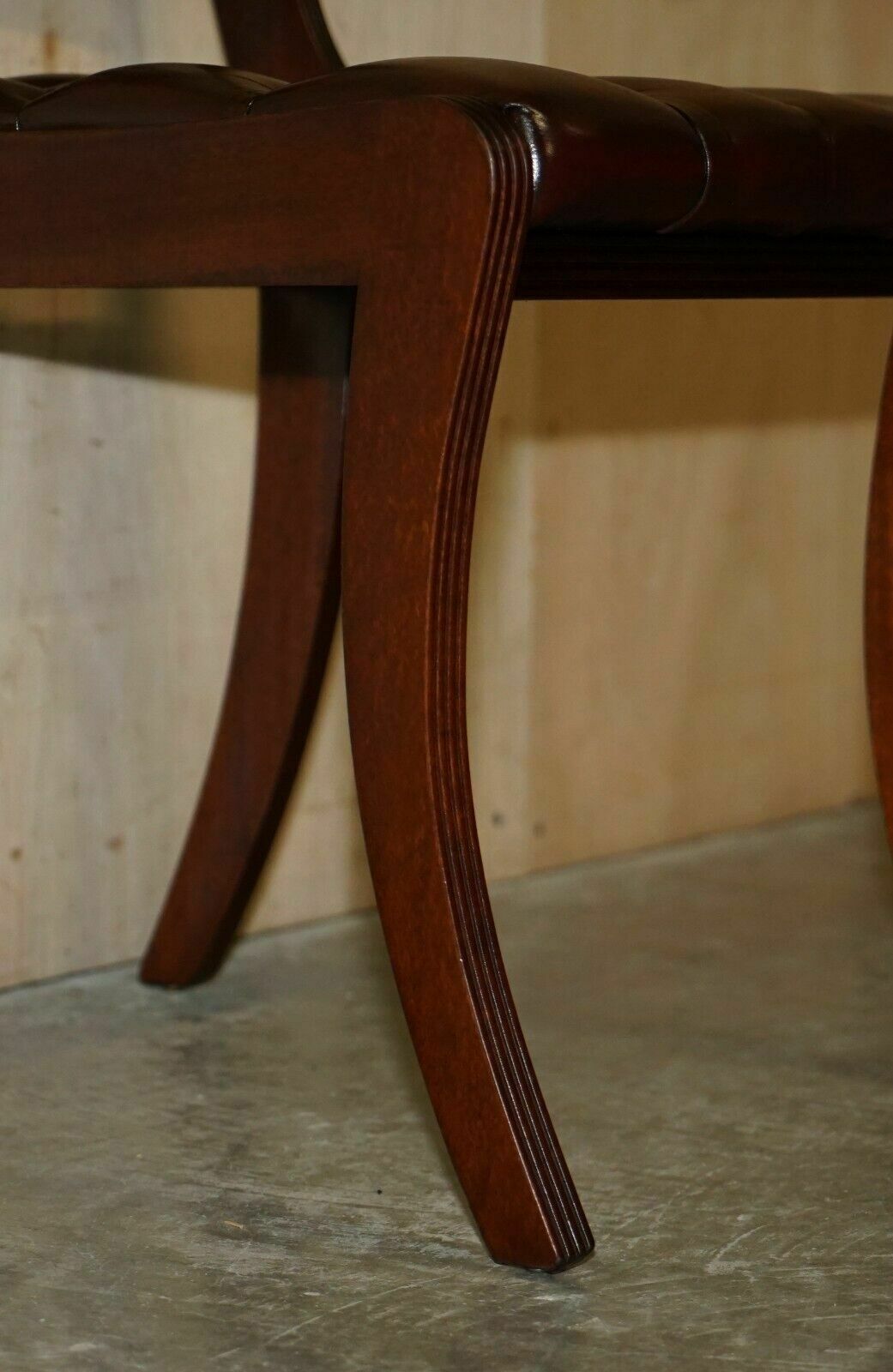 photo vintage Six Vintage Restored Hand Dyed Brown Leather Chesterfield Tufted Dining Chairs