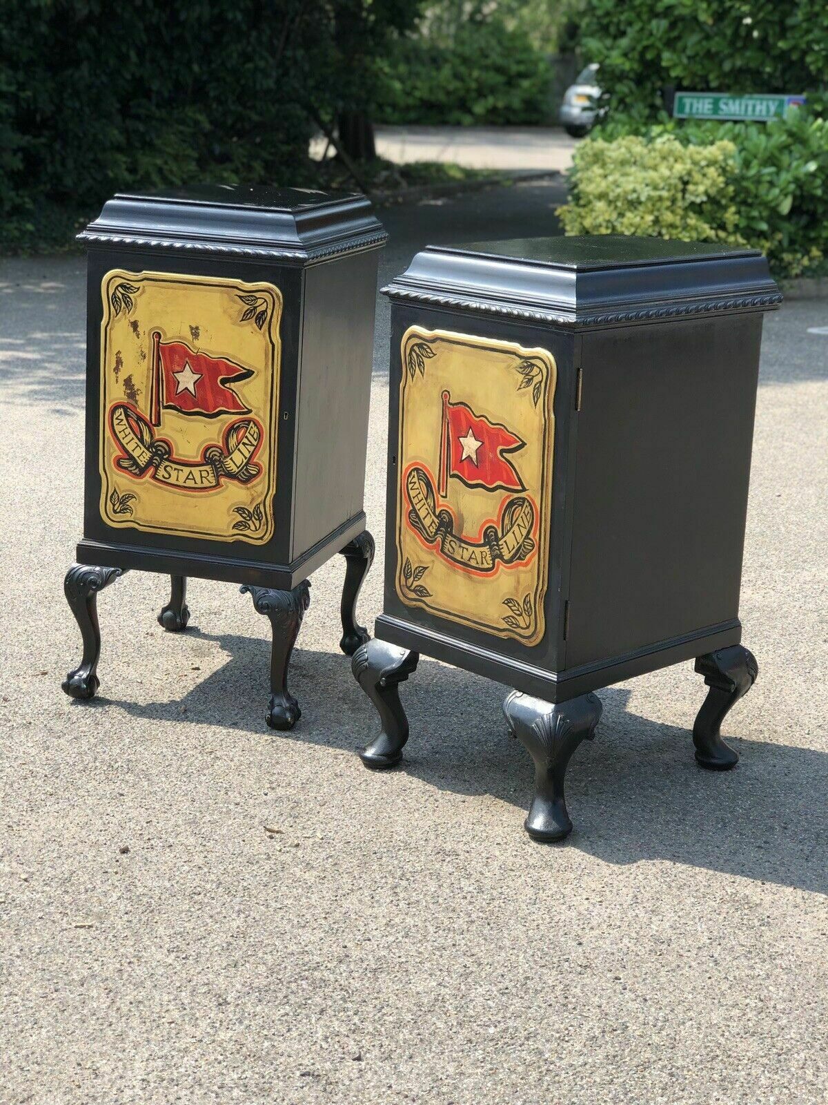 photo for sale Pair Of Edwardian Wine Celleratte Cabinets With White Star Line Decoration.