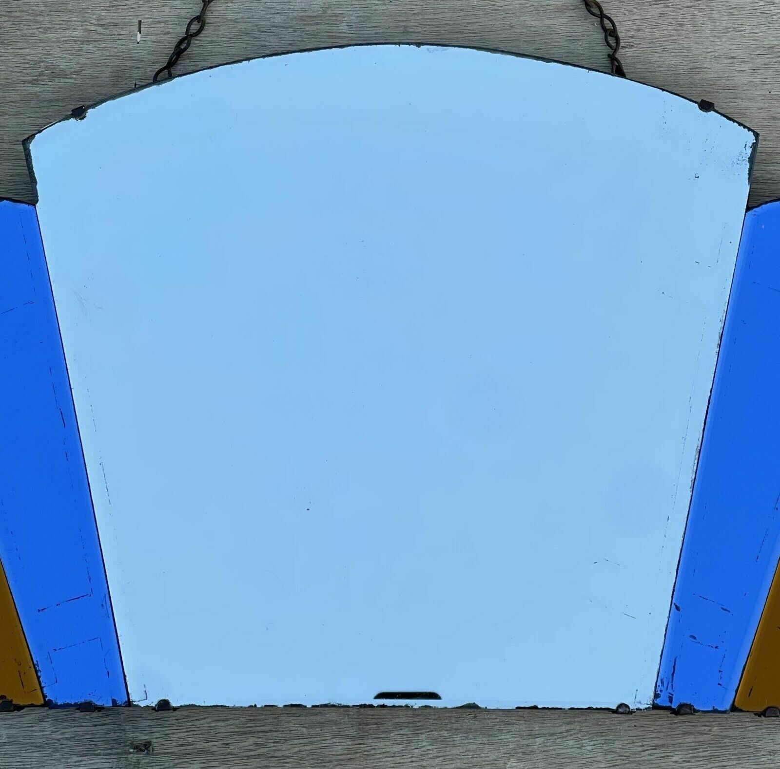 Sublime Antique 1930's Art Deco New York Fan Mirror Orange & Blue Foxed Plate photo furniture