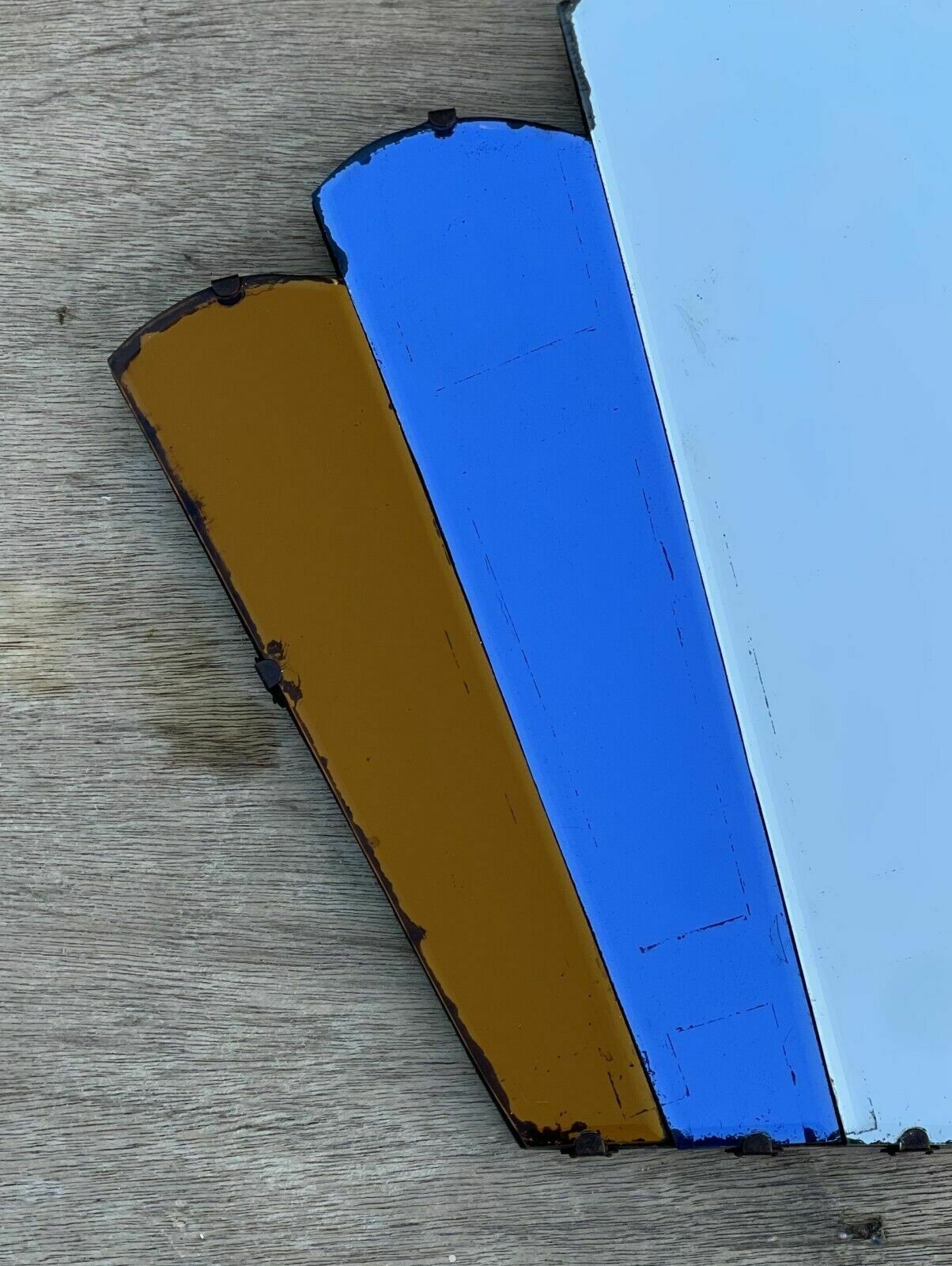 Sublime Antique 1930's Art Deco New York Fan Mirror Orange & Blue Foxed Plate photo vinterior