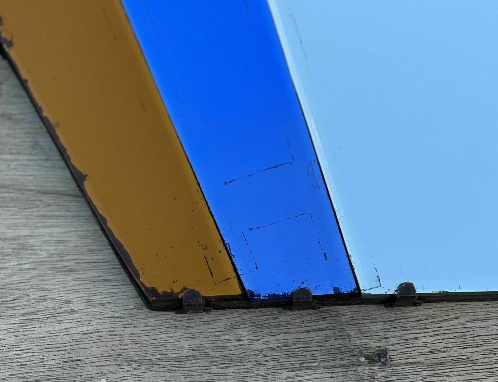photo for sale Sublime Antique 1930's Art Deco New York Fan Mirror Orange & Blue Foxed Plate